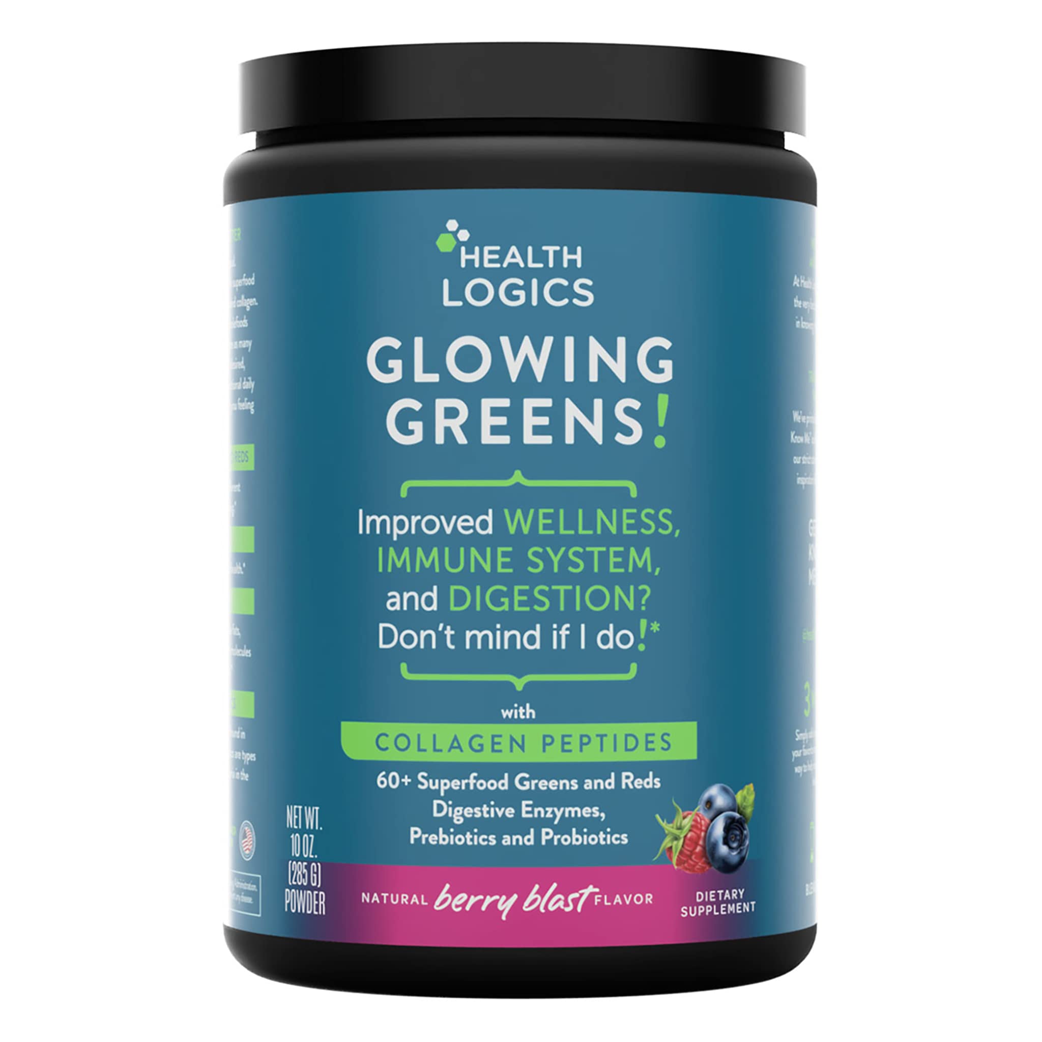 Health Logics Glowing Greens Superfood Powder with Collagen Peptides, Digestive Enzymes, Prebiotics & Probiotics - Antioxidant Rich Supplement for Wellness, Immune Support & Gut Health | Perfect for Smoothies, Shakes & Daily Nutrition Boost
