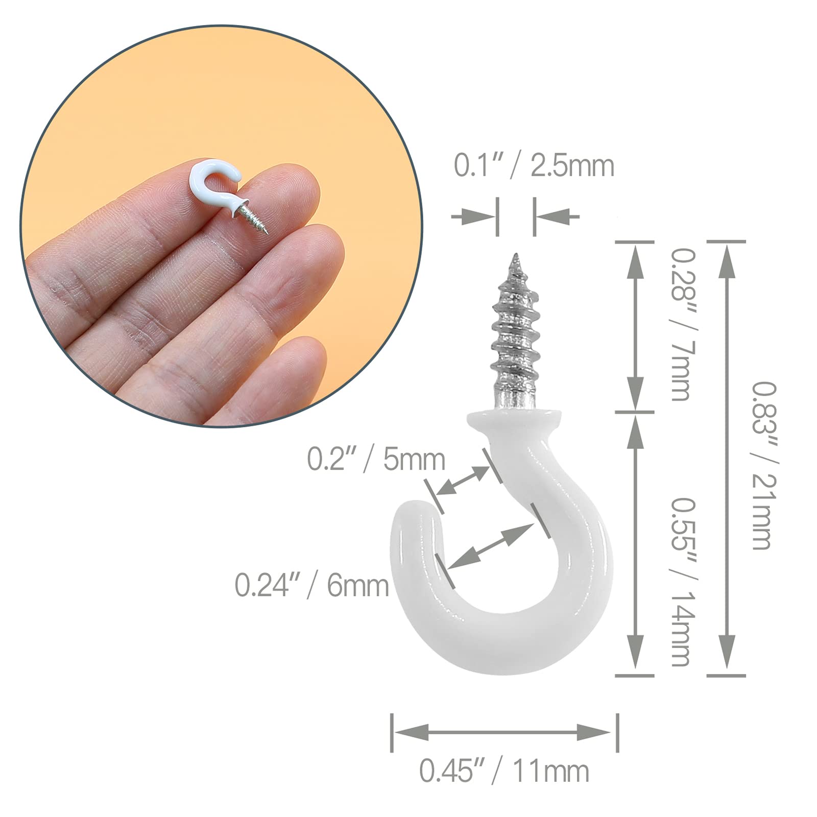 100Pcs White Vinyl Coated Cup Hooks - 1/2 Inch Metal Screw-in Ceiling Hooks for Hanging Plants, Mugs, Kitchen Utensils & Home Organization