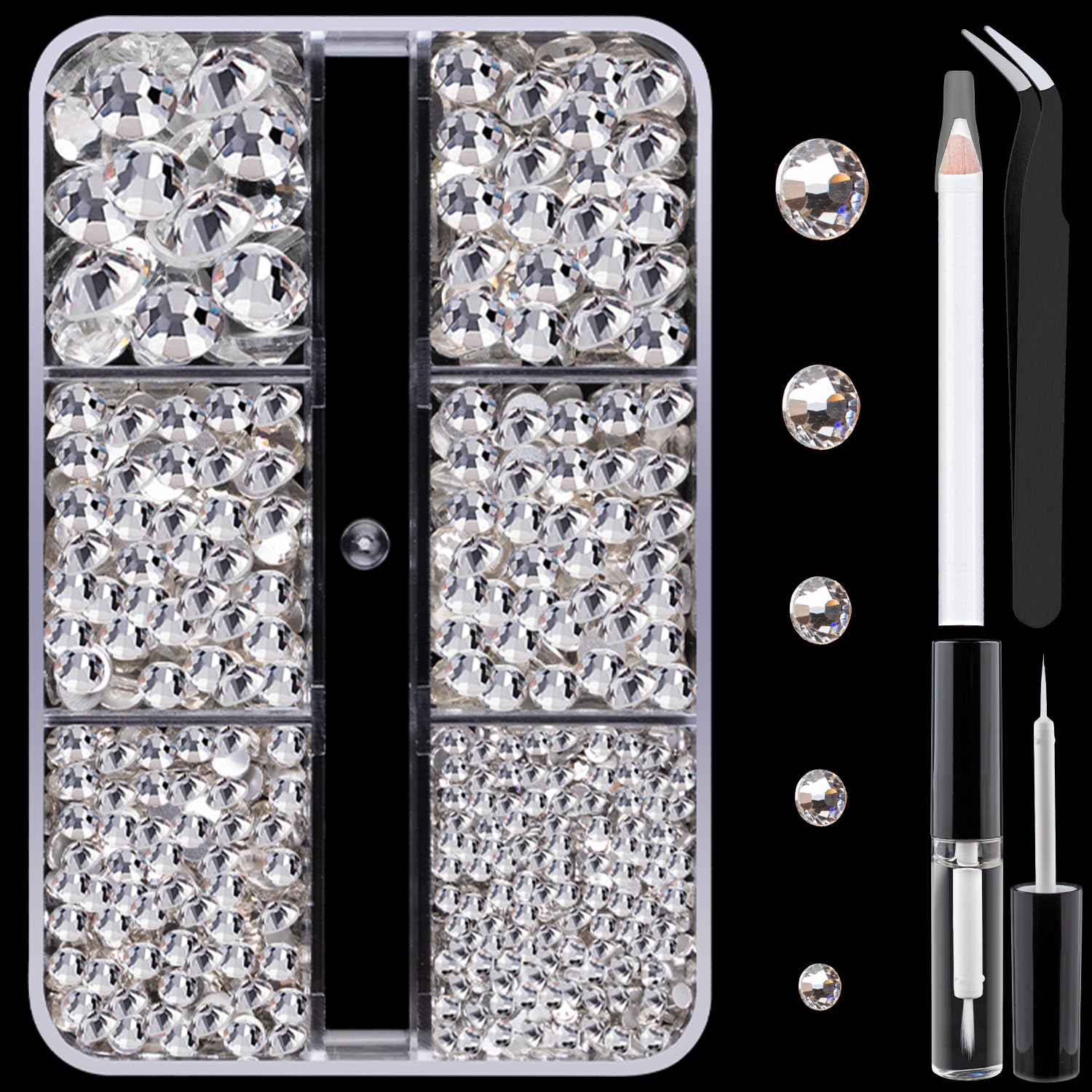 Colorful Face Gems Makeup Set - Flatback Clear Glass Rhinestones with Glue, Picker Pencil & Tweezers for Eye, Body, Hair & Nail Art | Perfect for Festival, Party & Special Occasion Makeup