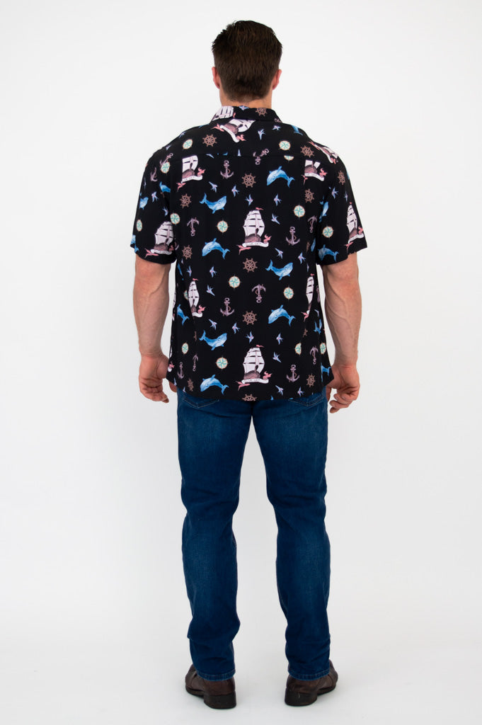 Dino Shirt for Men - Sailor Style Woven Bamboo Design Casual Button Down Shirt | Perfect for Summer Outings, Beach Parties & Retro Fashion