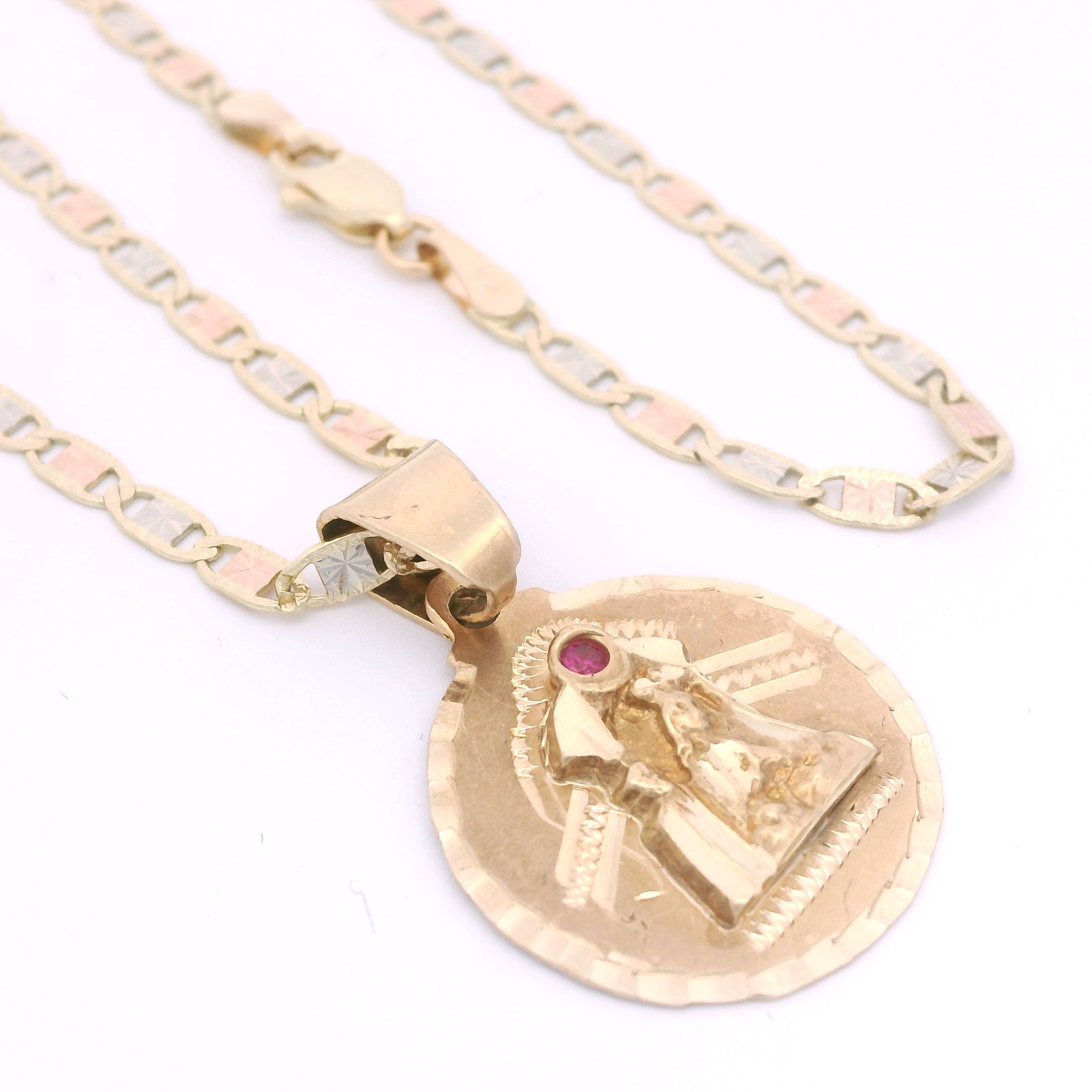14K Virgin Mary Pendant with Solid Valentino Three-Tone Chain (18 Inches) - Elegant Religious Jewelry for Women, Perfect for Gifts, Baptism, First Communion & Everyday Wear | JTJ™