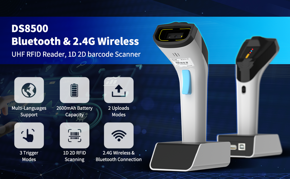 DS8500 2D & UHF RFID Barcode Scanner - High-Speed Wireless Industrial Barcode Reader for Retail, Warehouse, and Inventory Management