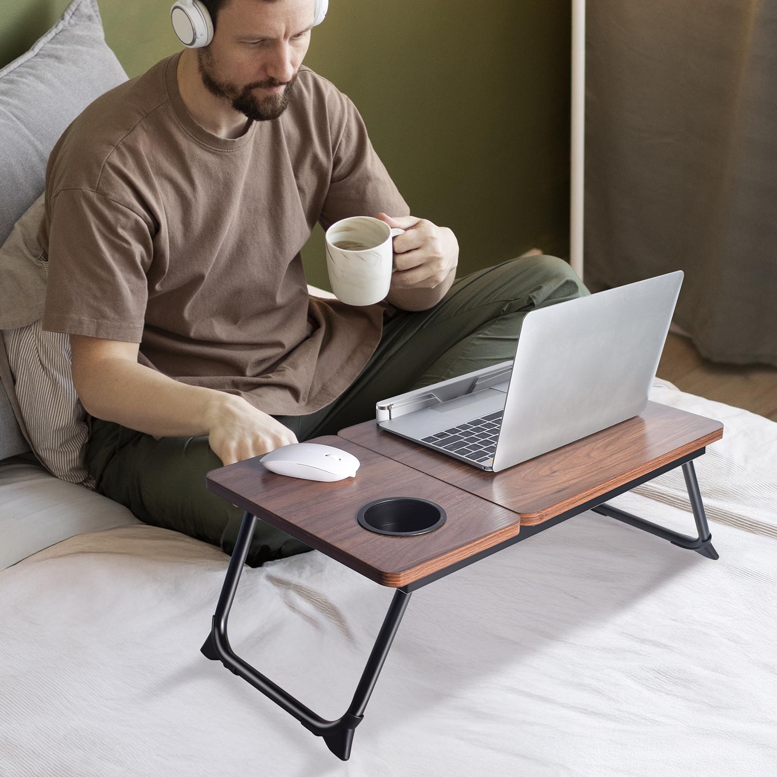 Adjustable Wooden Lap Desk for Bed & Sofa - Portable Laptop Tray with Built-in Cup Holder & Phone Slot - Perfect for Working, Reading, or Snacking in Bed, Couch, or Floor