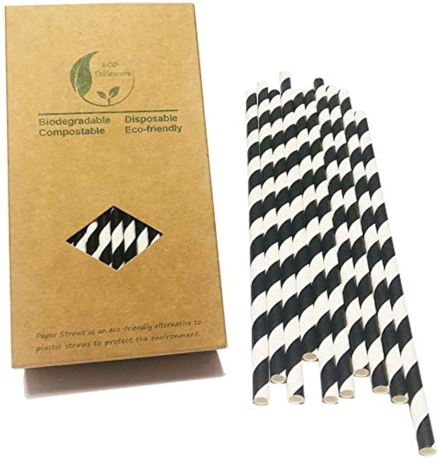 Eco-Friendly Black Striped Paper Straws - 100 Pack Biodegradable Drinking Straws with Colorful Stripes, Durable & Disposable for Parties, Weddings, Cocktails & Home Use