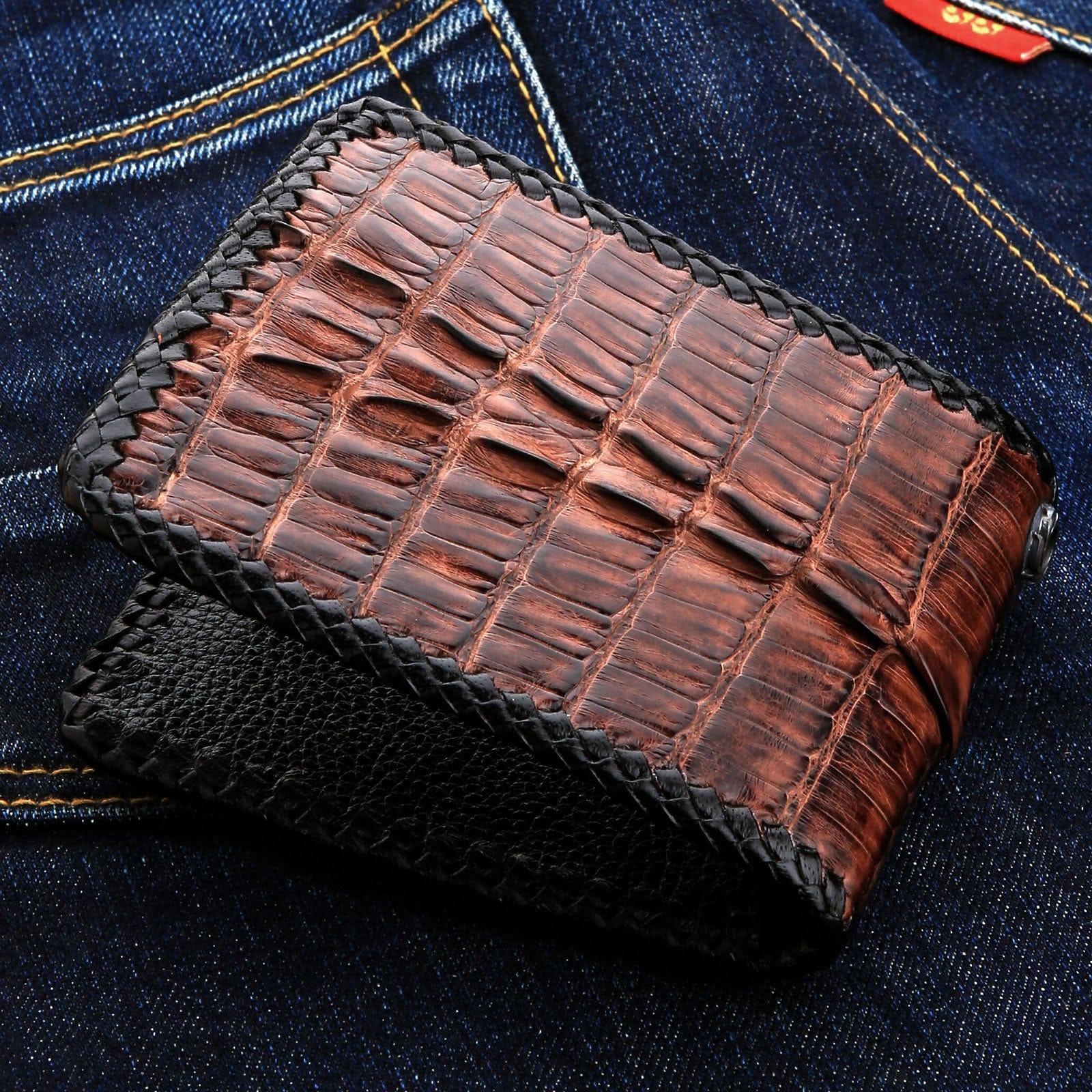 Premium Dark Brown Crocodile Leather Bifold Wallet for Men - Slim RFID Blocking Biker Wallet - Perfect for Motorcycle Riders, Travel & Everyday Carry