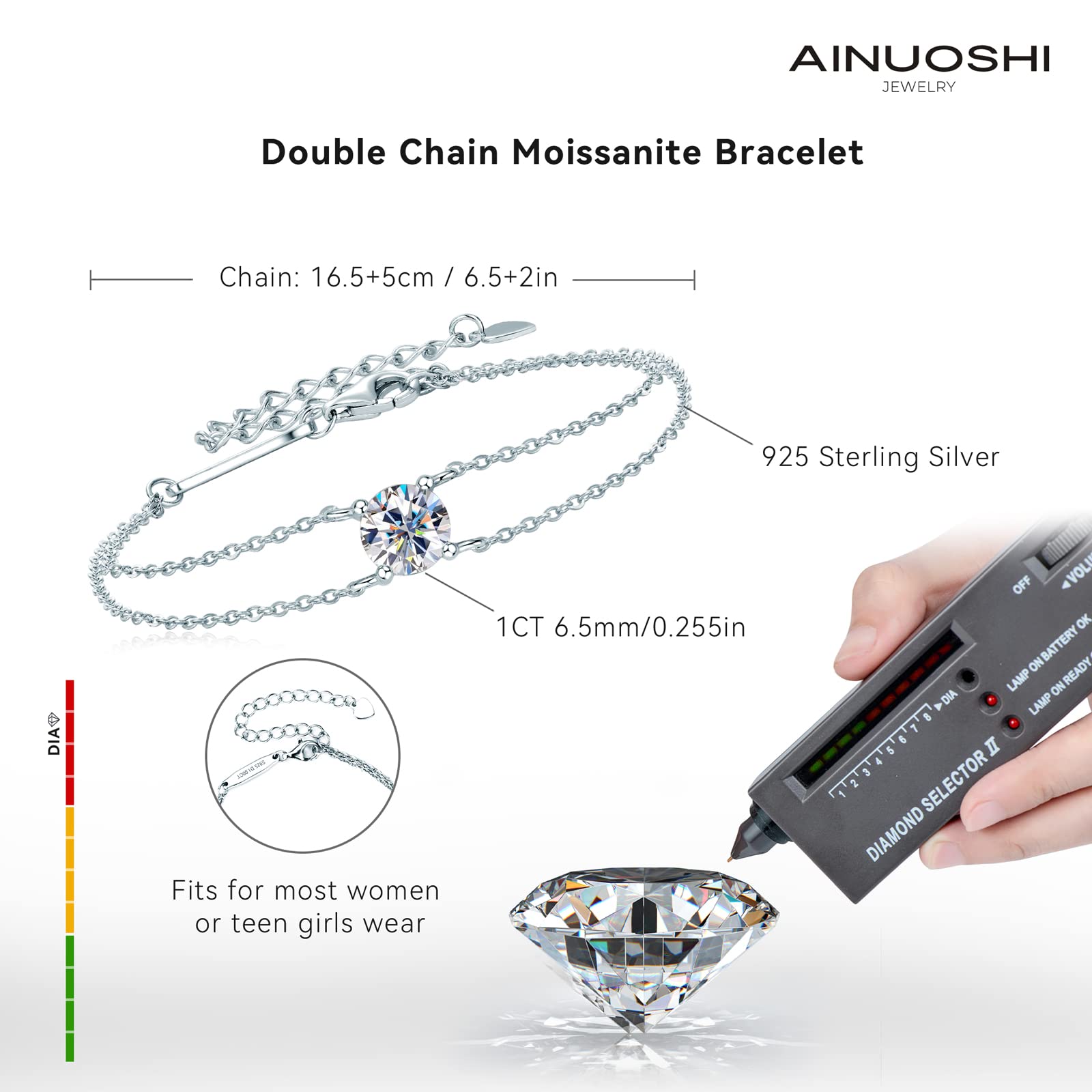 AINUOSHI 14K White Gold Plated 925 Sterling Silver Moissanite Bracelet for Women - Elegant Valentines Day, Anniversary & Birthday Gift for Wife, Mom, Daughter | Perfect for Weddings, Parties & Special Occasions