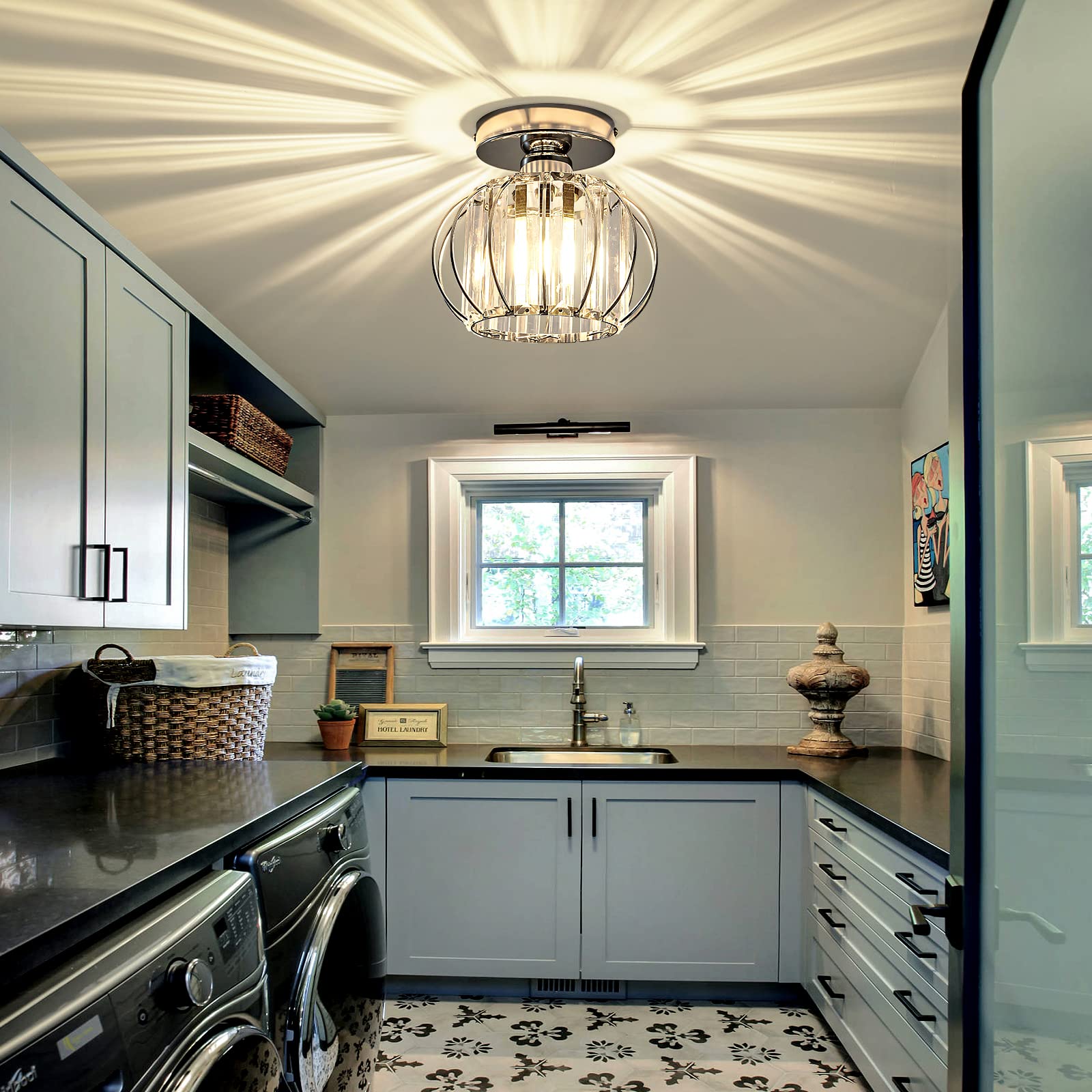 Modern Semi Flush Mount Ceiling Light Fixture - E26 Mini Crystal Chandelier in Chrome/Silver - Small Ceiling Lamp for Entryway, Bedroom, Bathroom, Hallway, Closet & Foyer - Perfect for Home Decor, Apartment Lighting & Interior Design