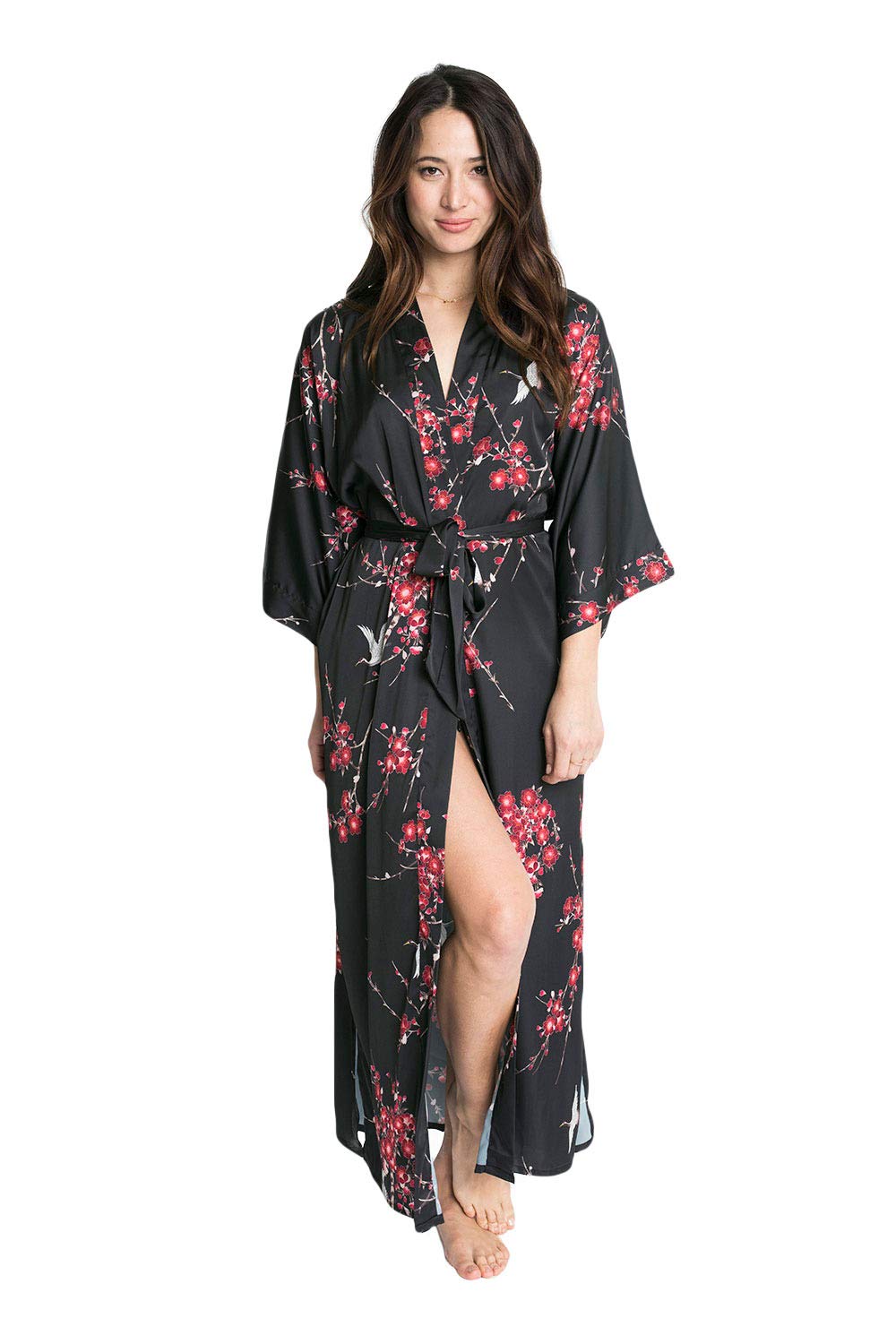 KIM+ONO Women's Charmeuse Kimono Robe Long - Watercolor Floral Design | Luxurious Lightweight Bathrobe | Perfect for Spa, Bridal Shower & Relaxation at Home