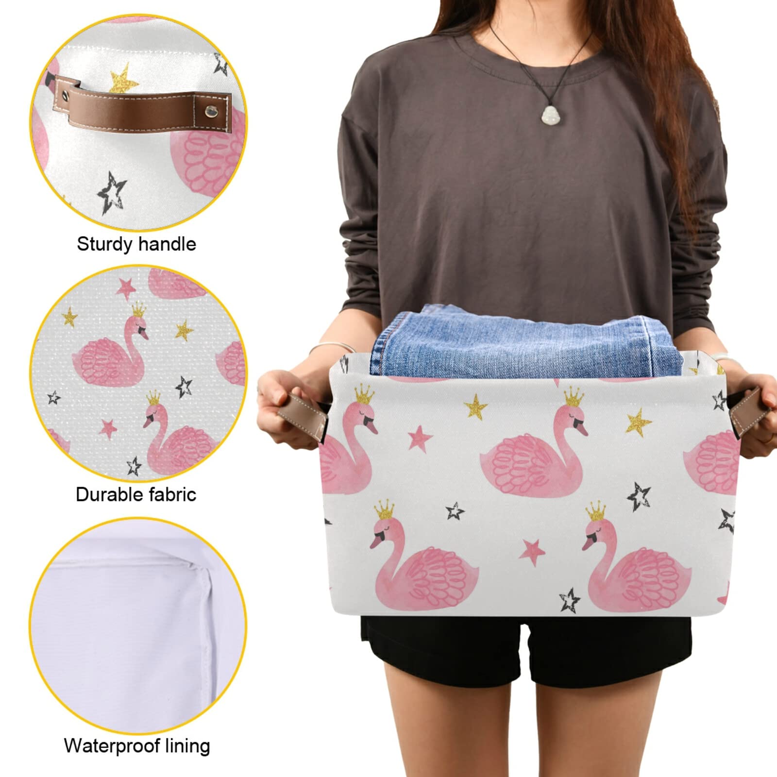 Swan Princess Crown Storage Basket Organizer - Large Collapsible Fabric Cube Bin with PU Handles for Nursery, Closet, Laundry Room | 2-Pack Set for Home Organization & Kids' Room Decor