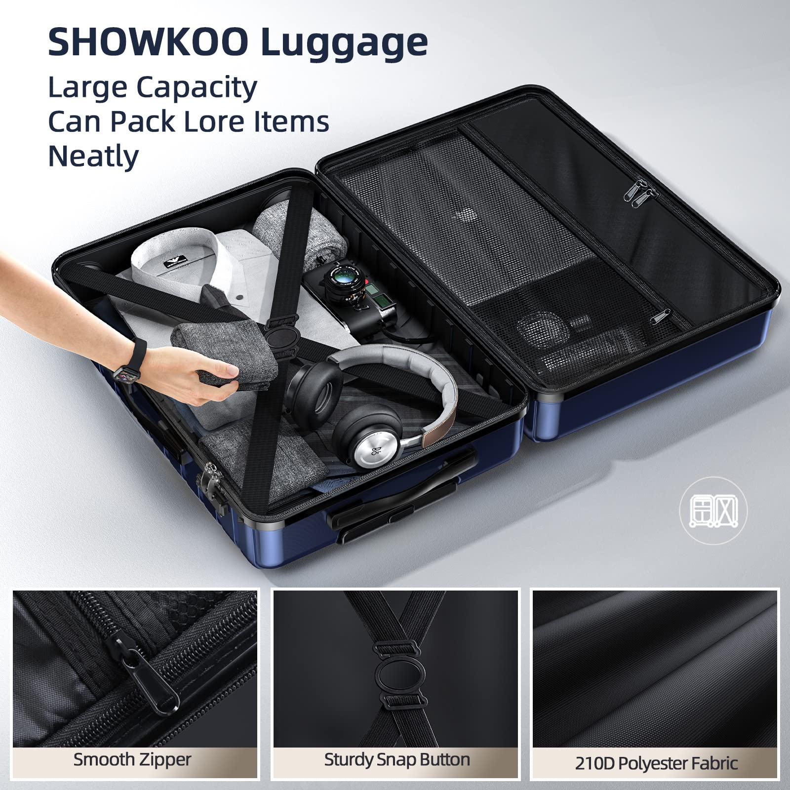 SHOWKOO 3-Piece Expandable ABS Hardshell Luggage Set with Spinner Wheels & TSA Lock - Lightweight Durable Hardside Suitcase for Travel (Deep Blue) | Perfect for Family Vacations, Business Trips & International Travel
