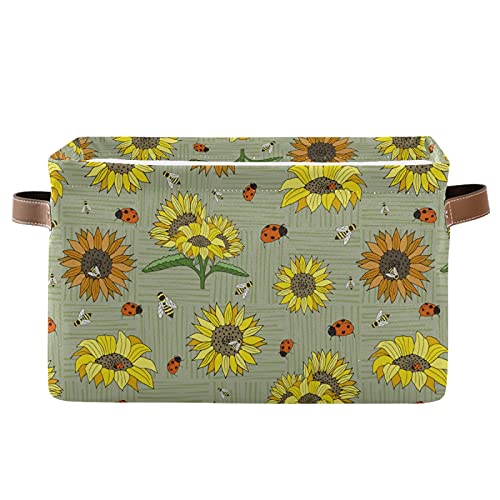 Collapsible Storage Basket with Sunflowers - Sage Green Waterproof Organizer with PU Handles for Nursery, Laundry & Home Organization | Portable Foldable Bin for Baby Clothes, Toys & Household Items (1 Pack)
