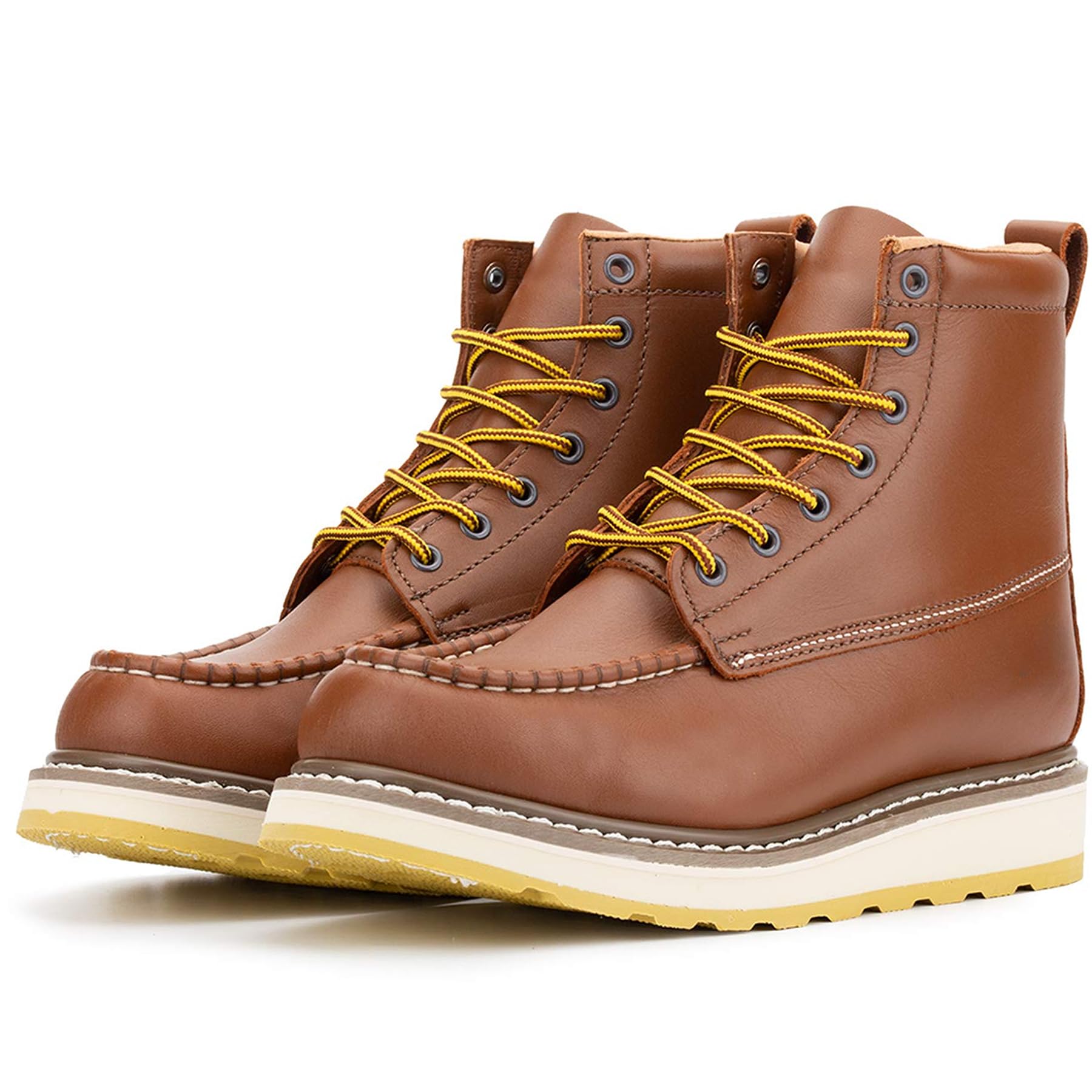 Men's Stylish Classic 6-8 Inch Soft Moc Toe EH Leather Work Boots - Non-Slip Wedge Outsole, Goodyear Storm Welt - Perfect for Construction, Outdoor Work & Heavy Duty Use