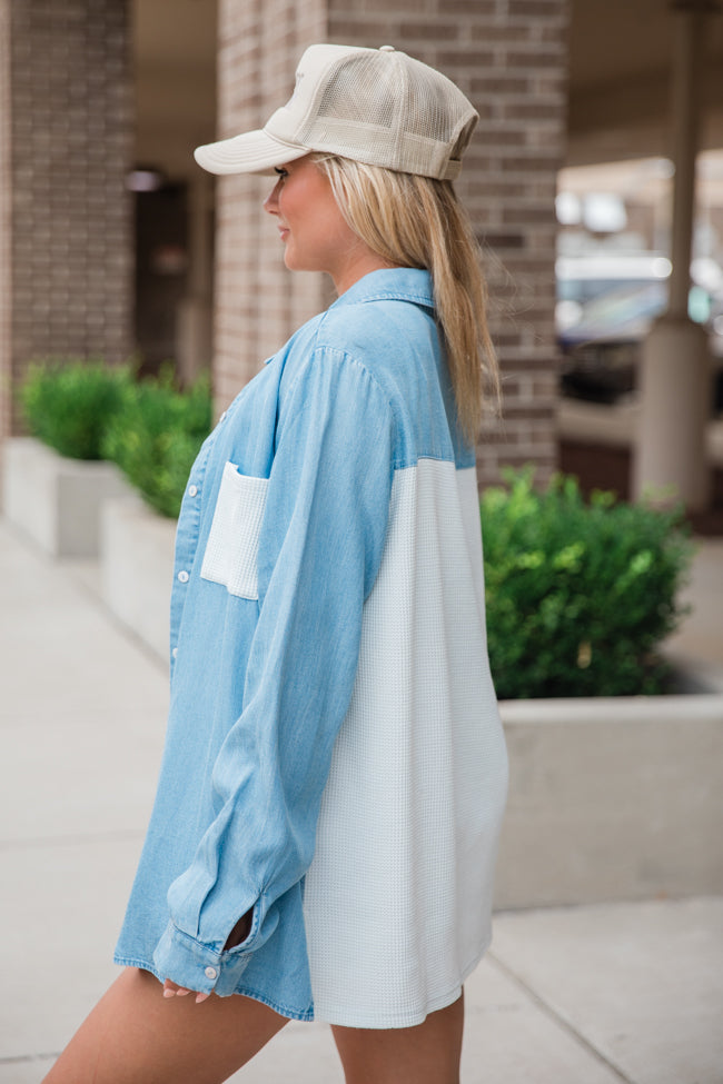 Talk It Over Waffle Detail Chambray Button Front Blouse for Women | Casual Office Wear & Spring Outfits | Trendy Button-Down Shirt with Waffle Texture