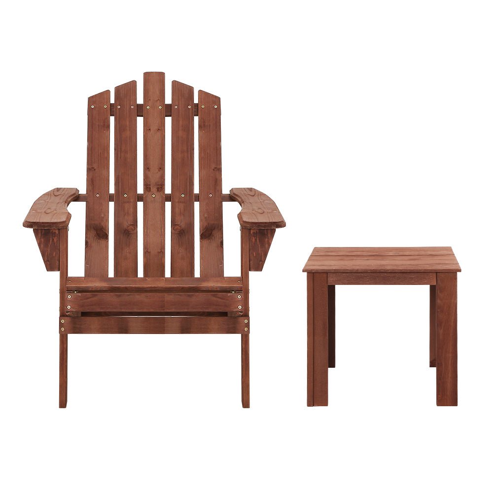 3-Piece Adirondack Outdoor Table and Chairs Set - Solid Wood Patio Furniture, Brown - Perfect for Beach, Garden, Deck, and Backyard Relaxation