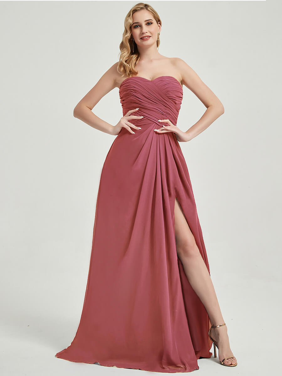 Elegant Strapless A-Line Floor Length Bridesmaid Dress with High Slit - Perfect for Weddings, Prom, Formal Events & Evening Parties