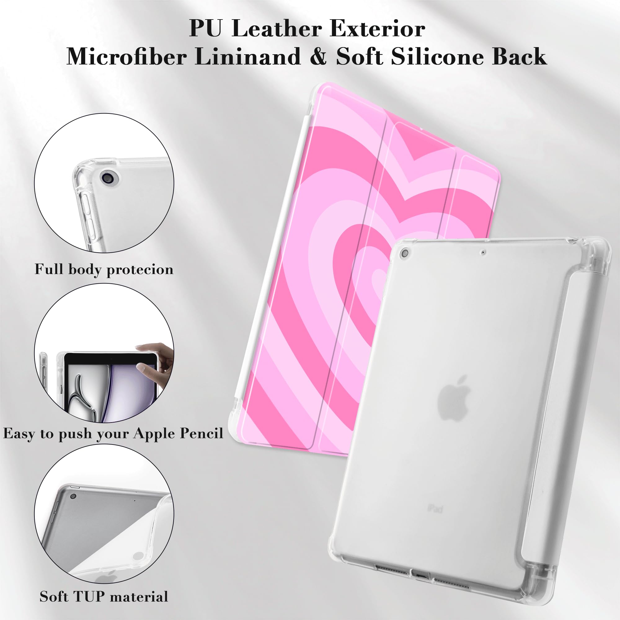 Cute Pink Heart iPad Case for iPad Air 4/5 (10.9 Inch) - Lightweight Trifold Stand Cover with Pencil Holder, Shockproof & Anti-Scratch Protection | Perfect for School, Work & Travel (Model A2325 A2588)