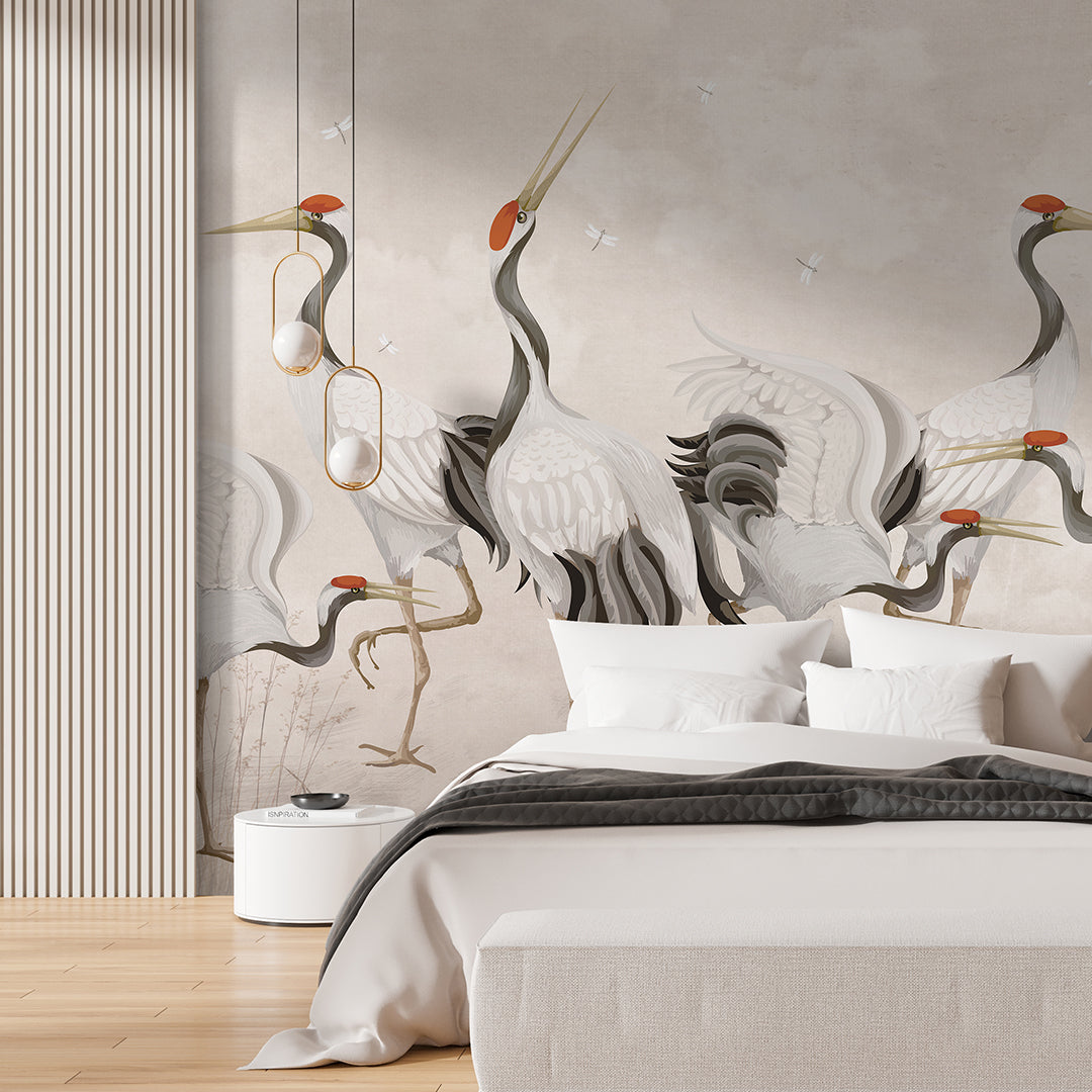 Beige Japanese Cranes Wall Mural WM107 - Elegant Asian-Inspired Home Decor for Living Room, Bedroom & Office
