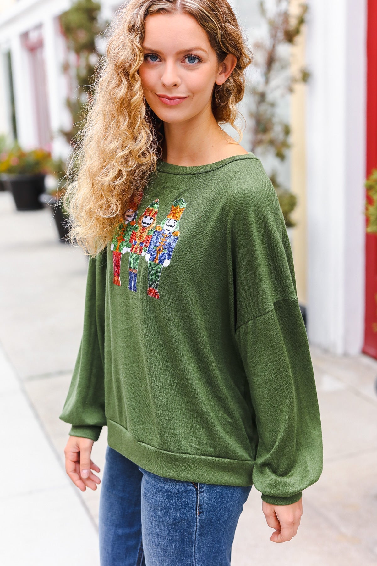 Festive Be Merry Forest Green Nutcracker Sequin Hacci Sweater Top for Christmas Party & Holiday Gatherings