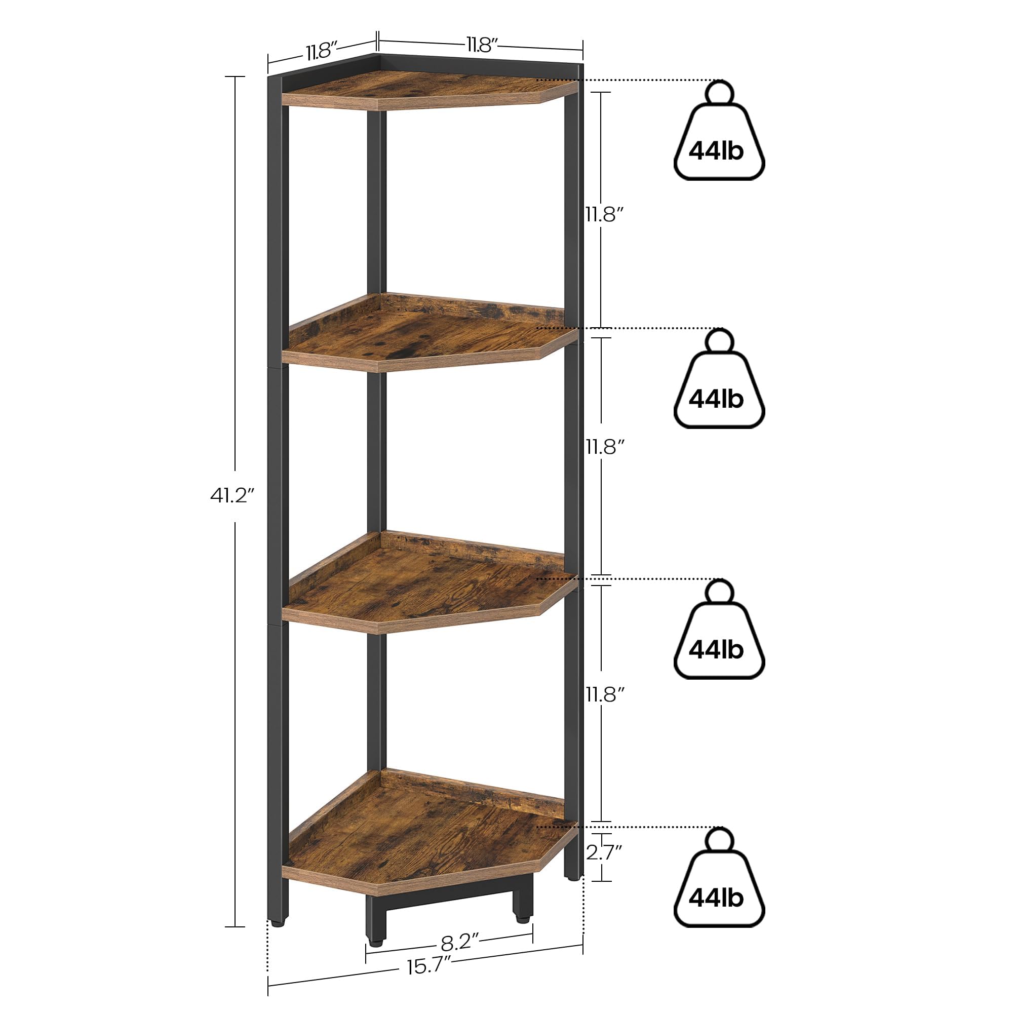 Rustic Brown 4-Tier Corner Shelf Stand - Metal Frame Storage Bookcase for Living Room, Home Office & Bedroom | Space-Saving Plant Stand & Bookshelf Organizer for Small Spaces & Home Decor