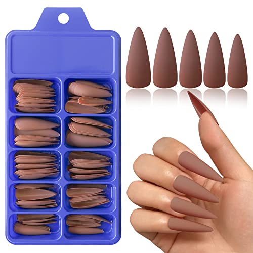 Bellelfin 120pcs Long Stiletto Press on Nails - Matte Brown Acrylic False Nails for Women, Full Cover Fake Nails DIY Manicure Kit with 10 Sizes | Perfect for Parties, Weddings, and Everyday Glam