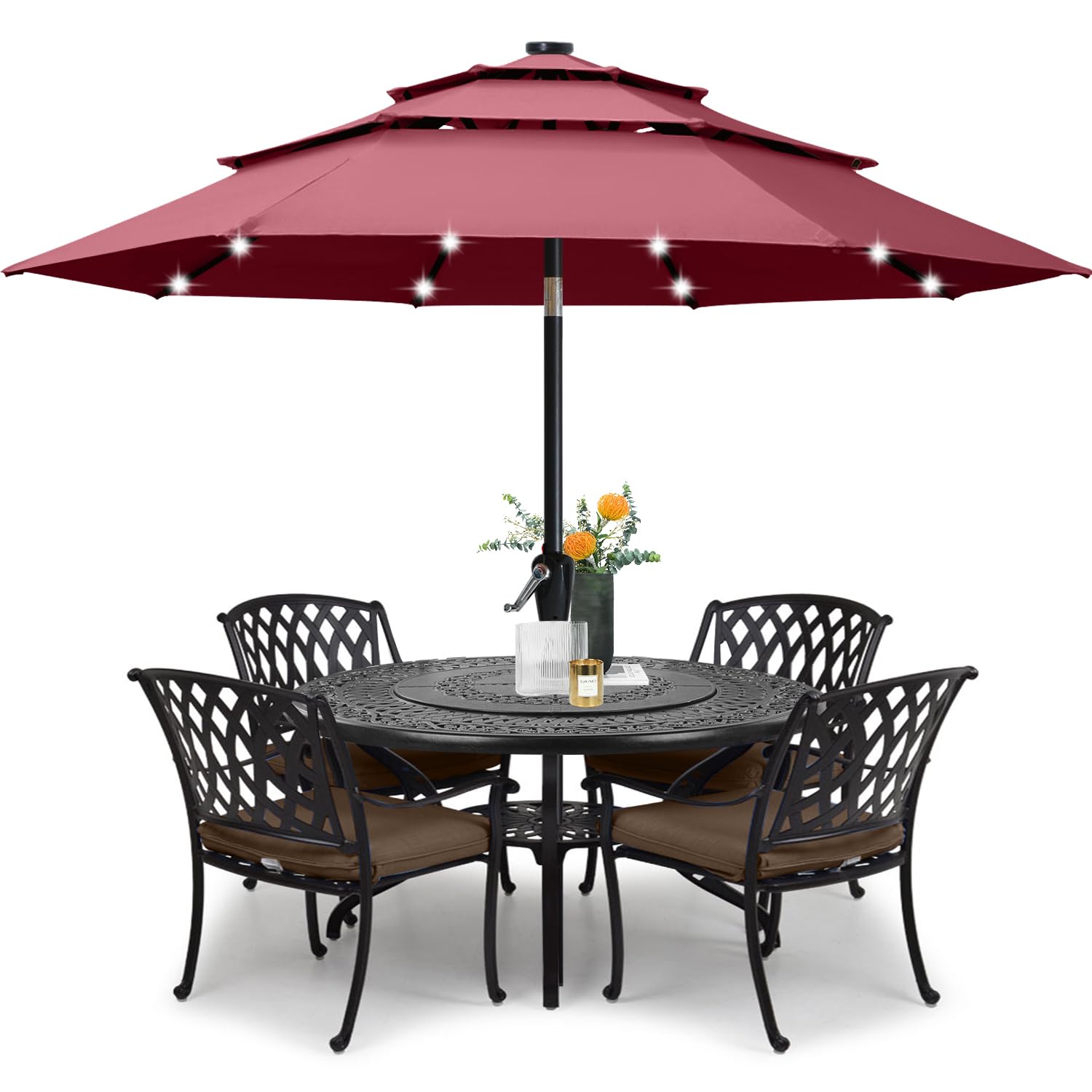 ABCCANOPY 11FT Solar LED Patio Umbrella with 3-Tier Design - Burgundy Red for Outdoor Dining, Poolside Lounging & Backyard Relaxation