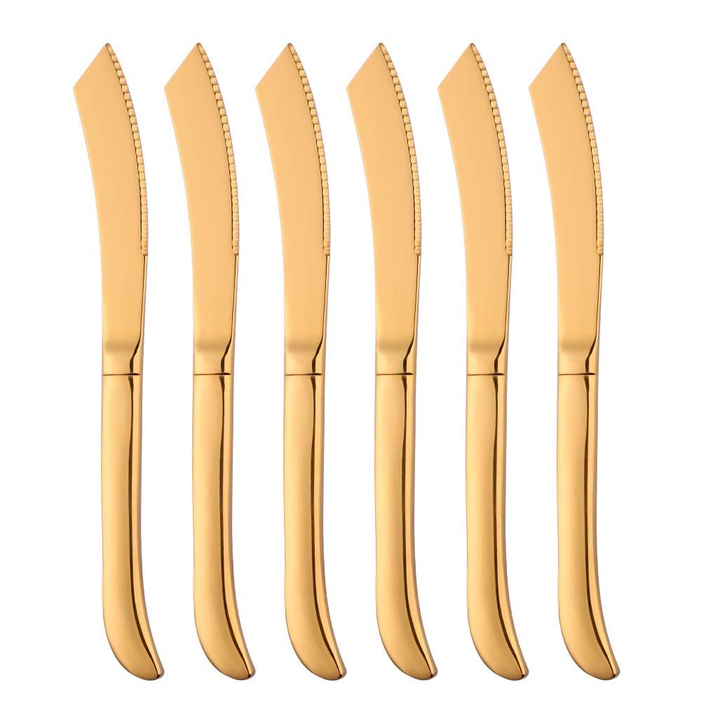 Premium 6-Piece Steak Knife Set - Serrated Stainless Steel Steak Knives with Gold Handles - Dishwasher Safe for Easy Cleaning - Perfect for Steak Dinners, BBQs & Fine Dining by QIBORUN