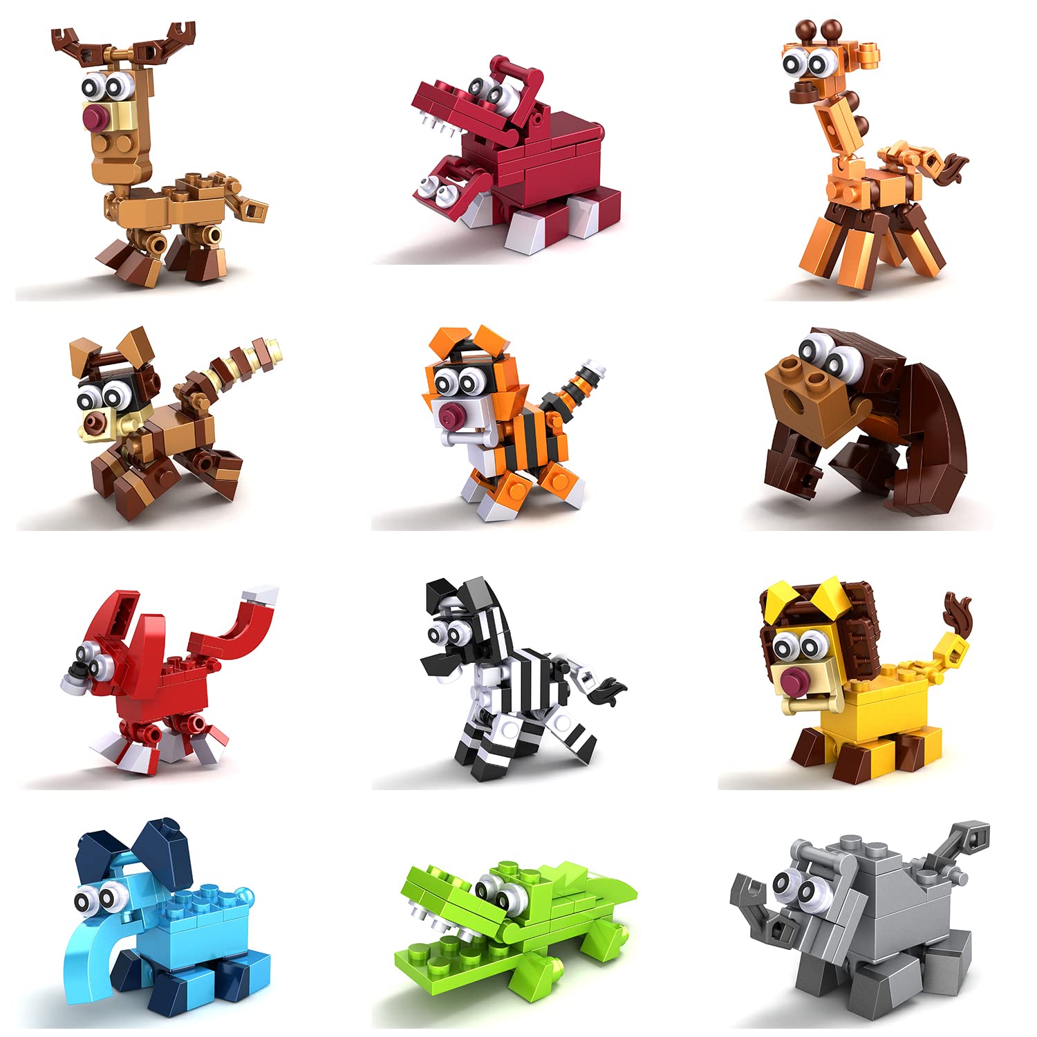 12 in 1 Pre-Filled Animal Building Block Set - 12 Pcs Mini STEM Construction Toys for Kids | Creative Educational Classroom Prizes, Birthday Party Favors, Carnival Gifts & Goodie Bag Fillers | Perfect for STEM Learning, Group Play & Gift-Giving Occasions