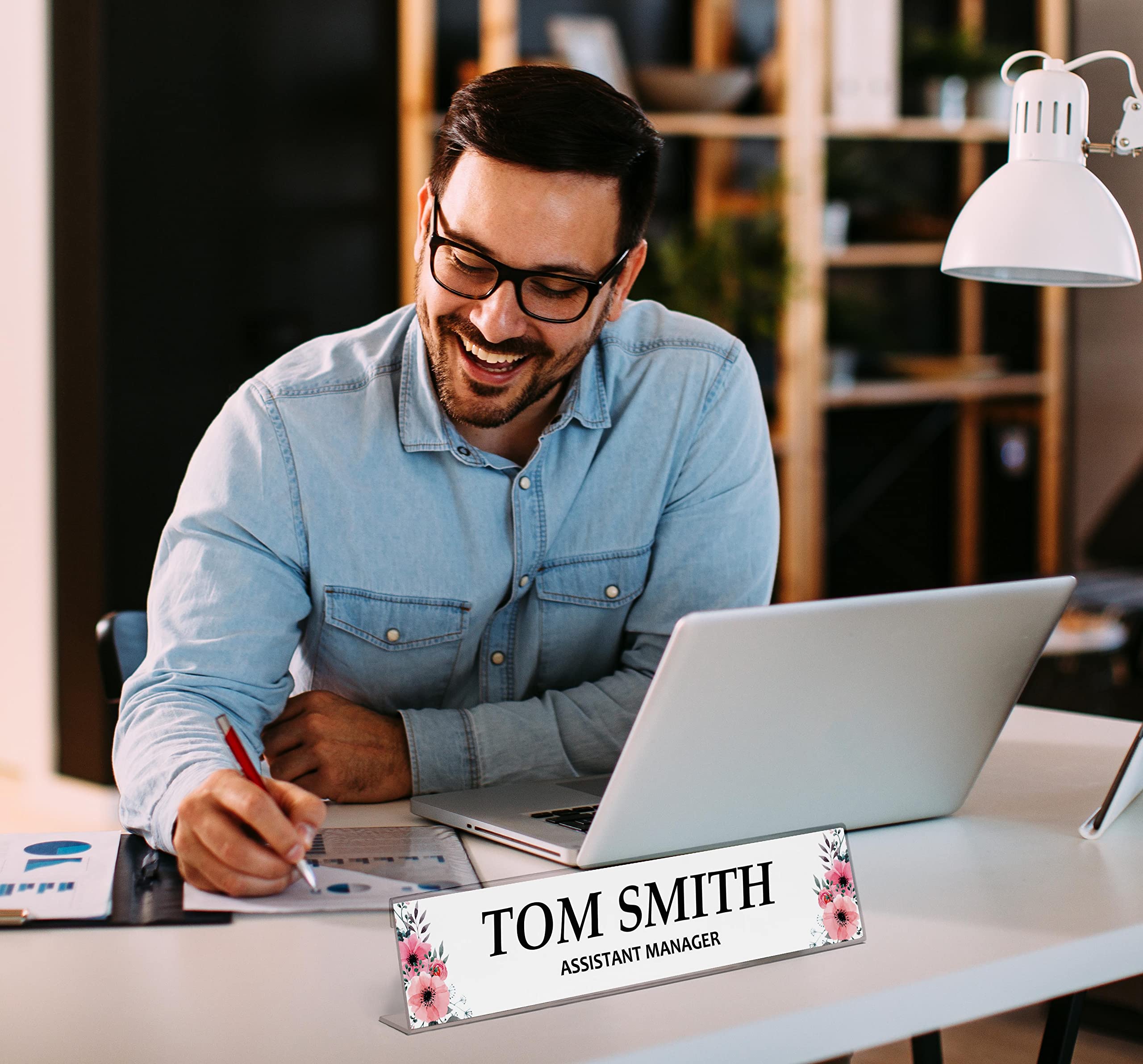 Personalized Desk Name Plate - Custom Acrylic Office Name Sign with Pretty Floral Design (2x8 Inches) - Perfect for Workstations, Reception Desks & Corporate Gifts