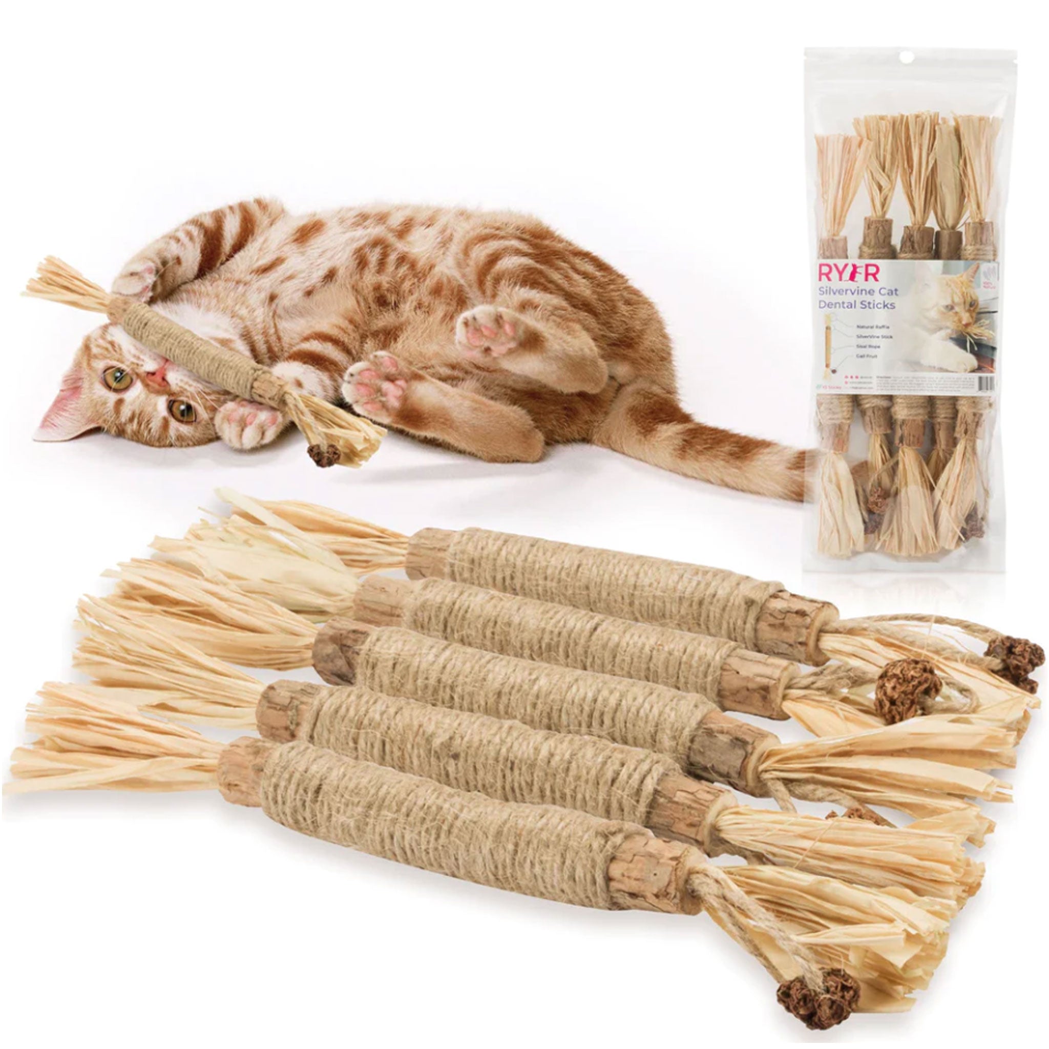 RYER Dental Silvervine Cat Sticks for Teeth Cleaning - 5 Pack Natural Catnip Chew Toys for Kittens & Adult Cats - Promote Healthy Gums & Reduce Stress - Perfect for Playtime & Dental Care