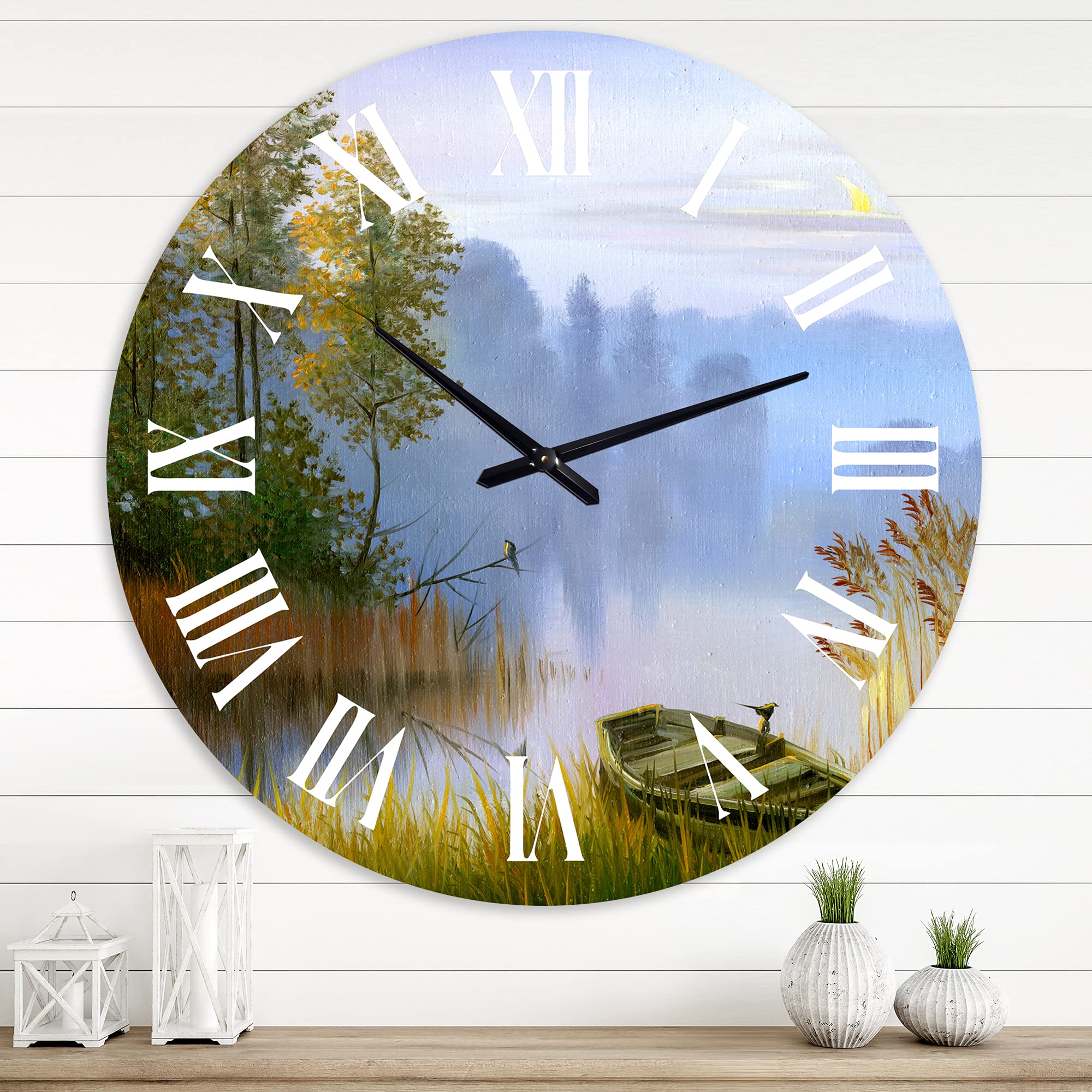 Large Traditional Wall Clock 'Boat on the Lake Bank' - Nature Landscape Decor for Living Room, Bedroom & Office | Silent Non-Ticking Modern Home Décor
