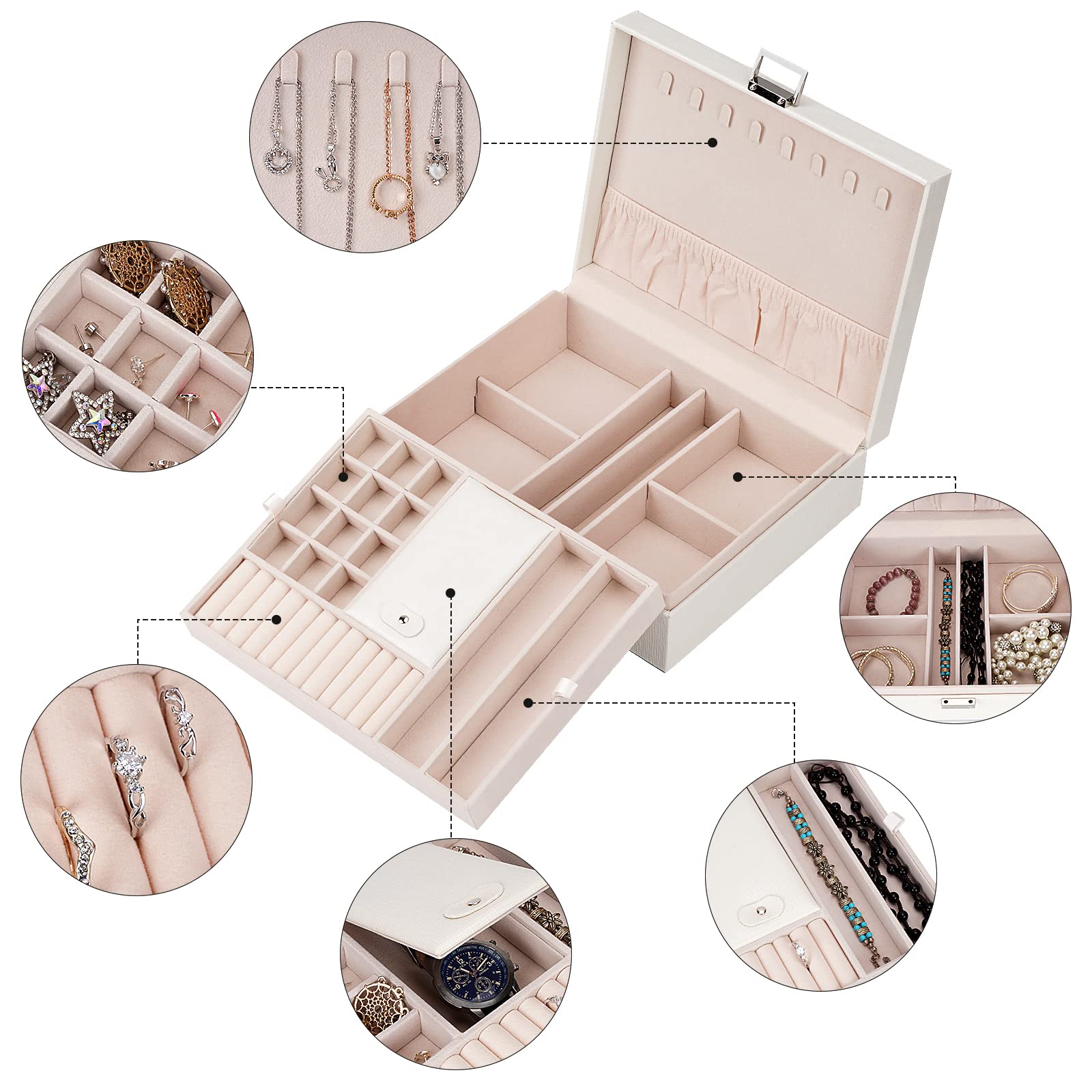 Double Layer Large Jewelry Organizer Box for Women & Girls - Travel Jewelry Case with Mirror & Gift Box (White) - Perfect for Home Storage, Travel & Gifting