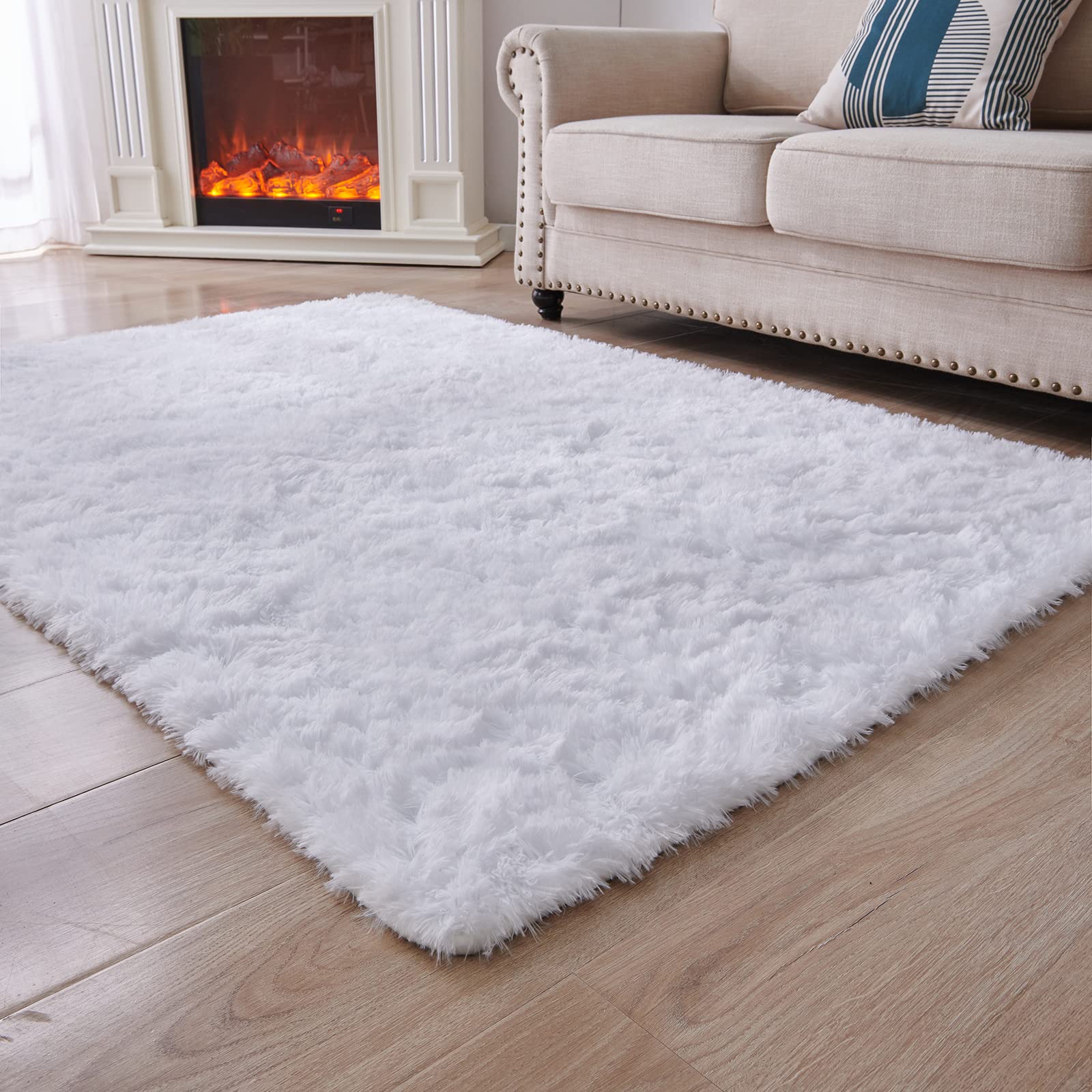 ANVARUG Modern Plush Area Rug 8x10 - Ultra Soft Faux Fur Non-Slip Rug for Bedroom, Kids Playroom & Home Decor - White | Cozy Floor Covering for Living Room, Nursery & Dorm