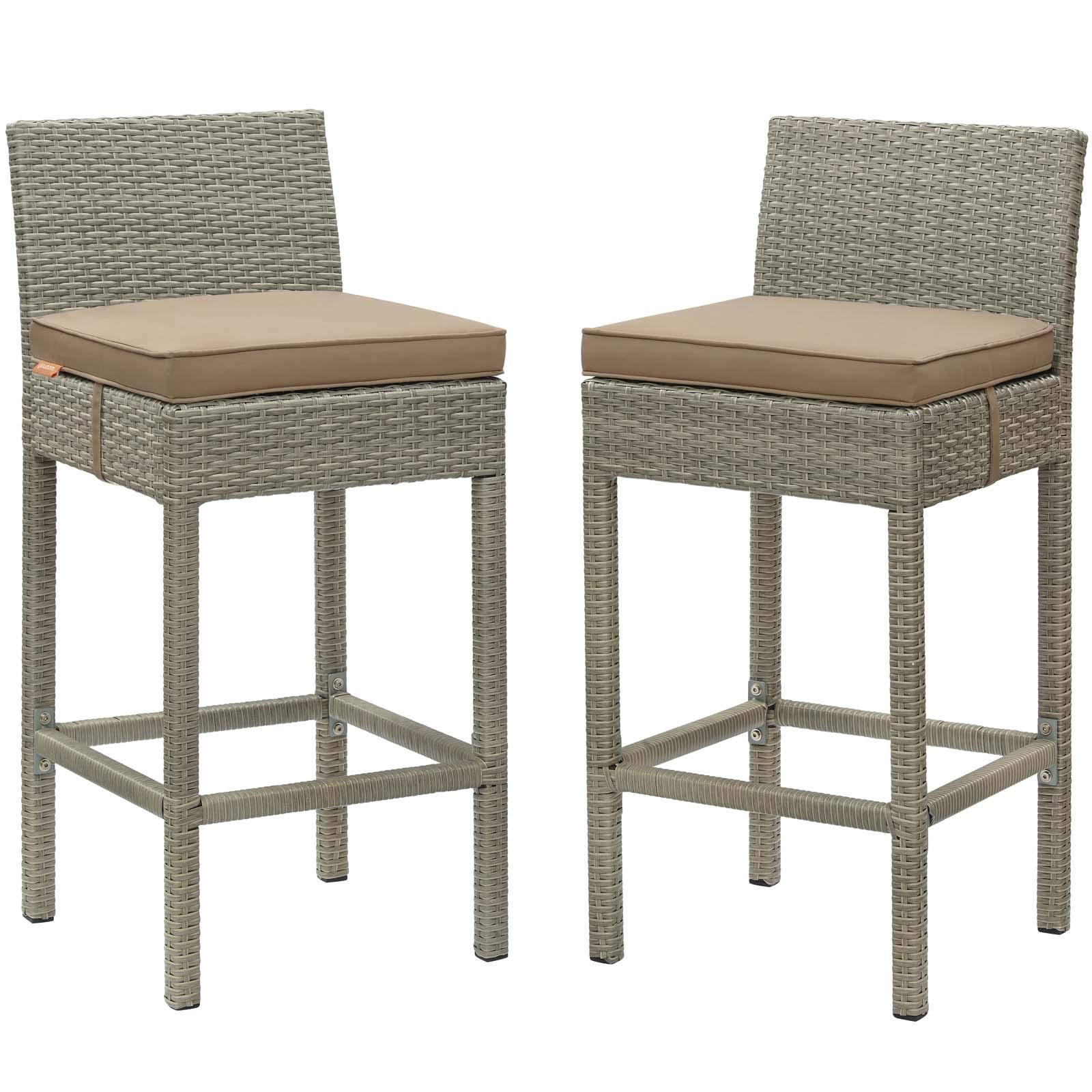 Modern Outdoor Patio Garden Bar Stool Chair Set of Two, Light Brown Fabric Rattan Wicker, Perfect for Backyard, Deck, and Poolside Relaxation