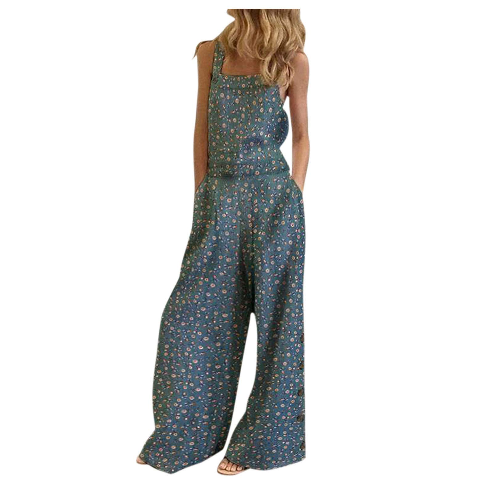 Women's Plus Size Floral Printed Wide Leg Jumpsuit Overalls - Casual Baggy Pants with Pockets for Work, Travel & Everyday Wear
