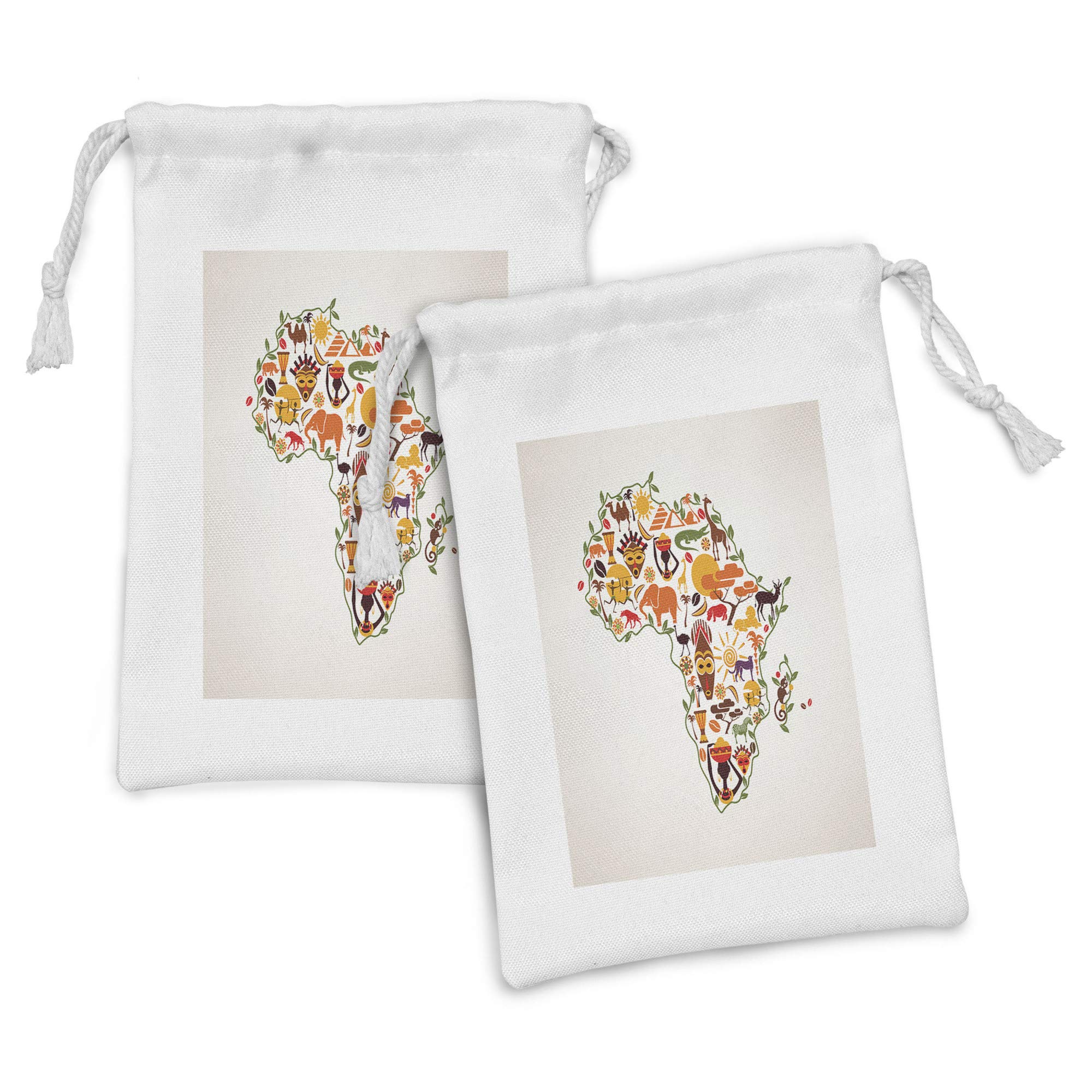 Ambesonne African Fabric Pouch Set of 2 - Traditional Map Print Drawstring Bags for Travel, Toiletries, Masks & Gifts | 9