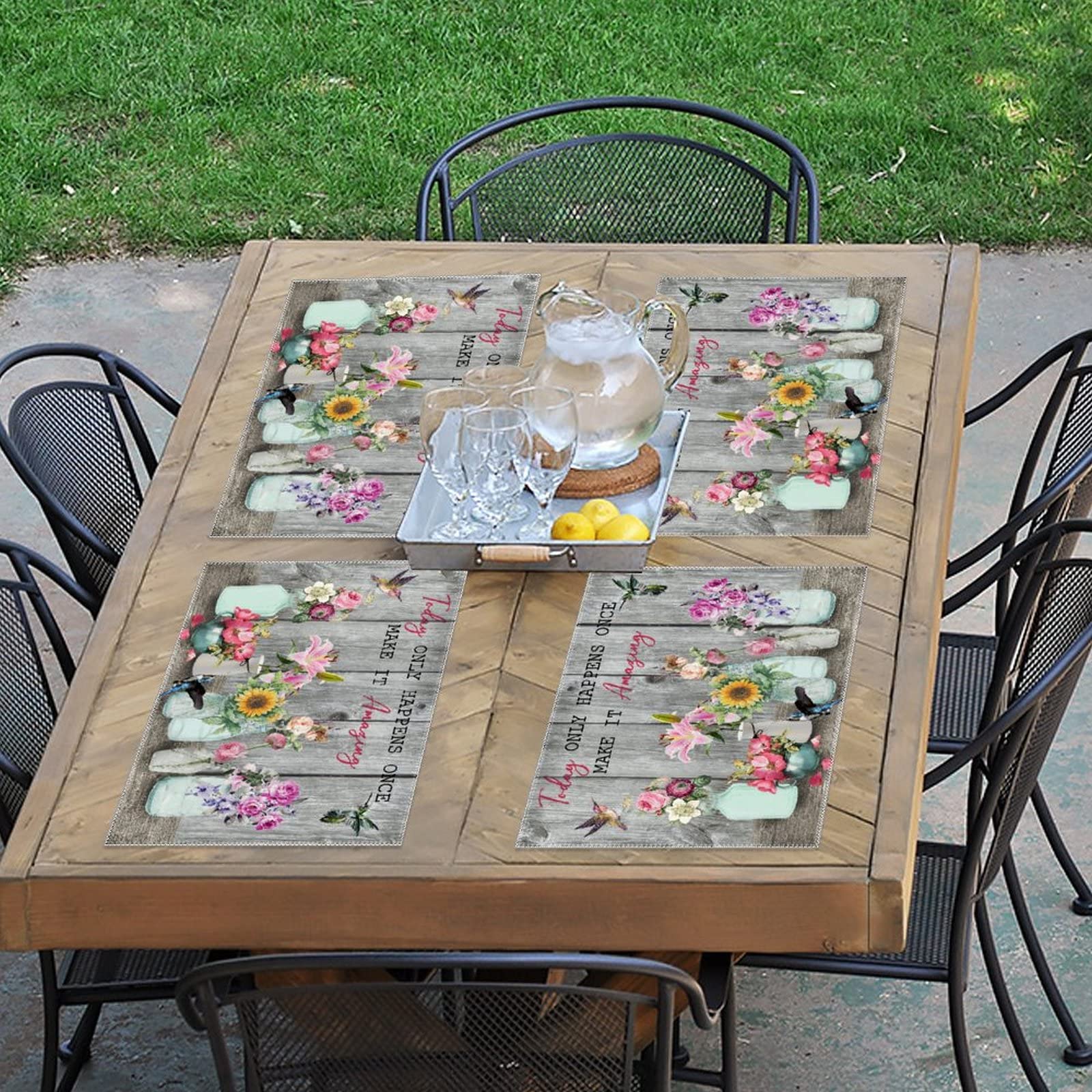 4-Pack Heat Resistant Hummingbird Floral Placemats - Waterproof Outdoor Dining Mats for Kitchen, Banquet & Picnic Use - Elegant Table Decor Set for Everyday Meals and Special Occasions