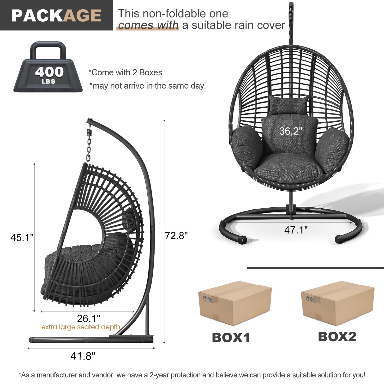 Oversized Hanging Egg Chair - Outdoor Wicker Swing Chair with Stand, Rain Cover & UV-Resistant Cushion (400lbs Capacity) - Perfect for Patio, Garden, Balcony, Backyard Relaxation & Boho Decor