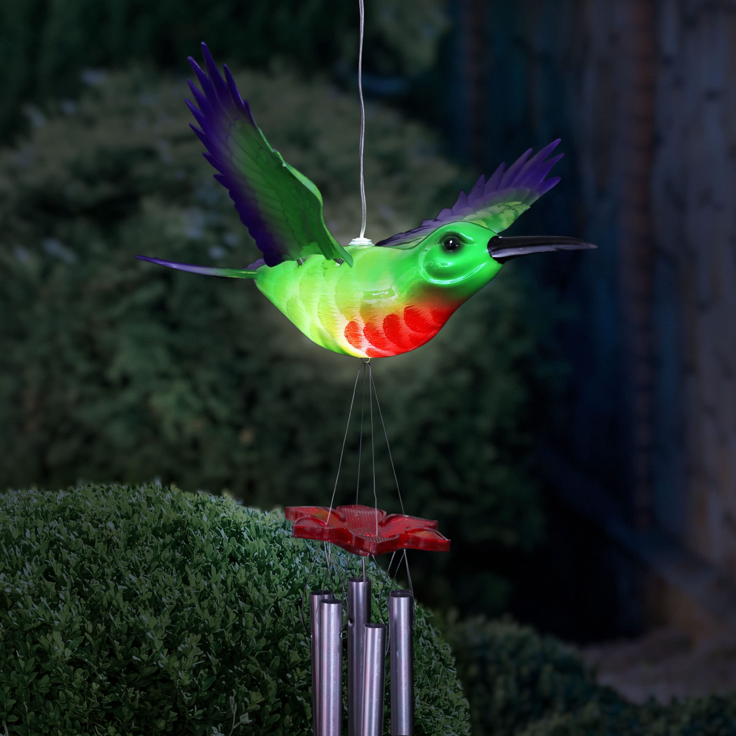 Solar-Powered Hummingbird Wind Chime with Fluttering Wings & 2 LED Lights - 13 x 11 x 43 Inch Outdoor Garden Decor for Patio, Yard, and Lawn - Exhart WindyWings Green Plastic Wind Chimes for Relaxing Ambience