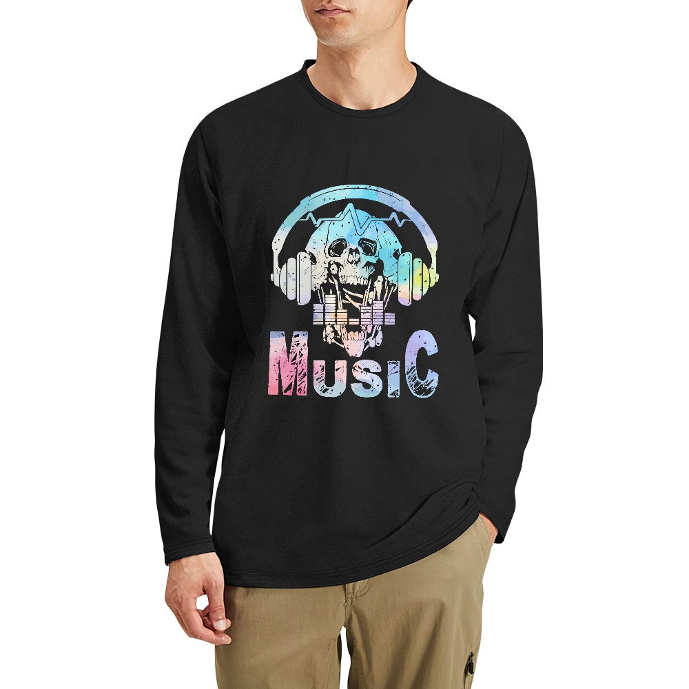 Skull Music Graphic Long Sleeve Crewneck T-Shirt for Men & Women | Vintage Rock Band Tee | Perfect for Concerts, Halloween & Casual Wear