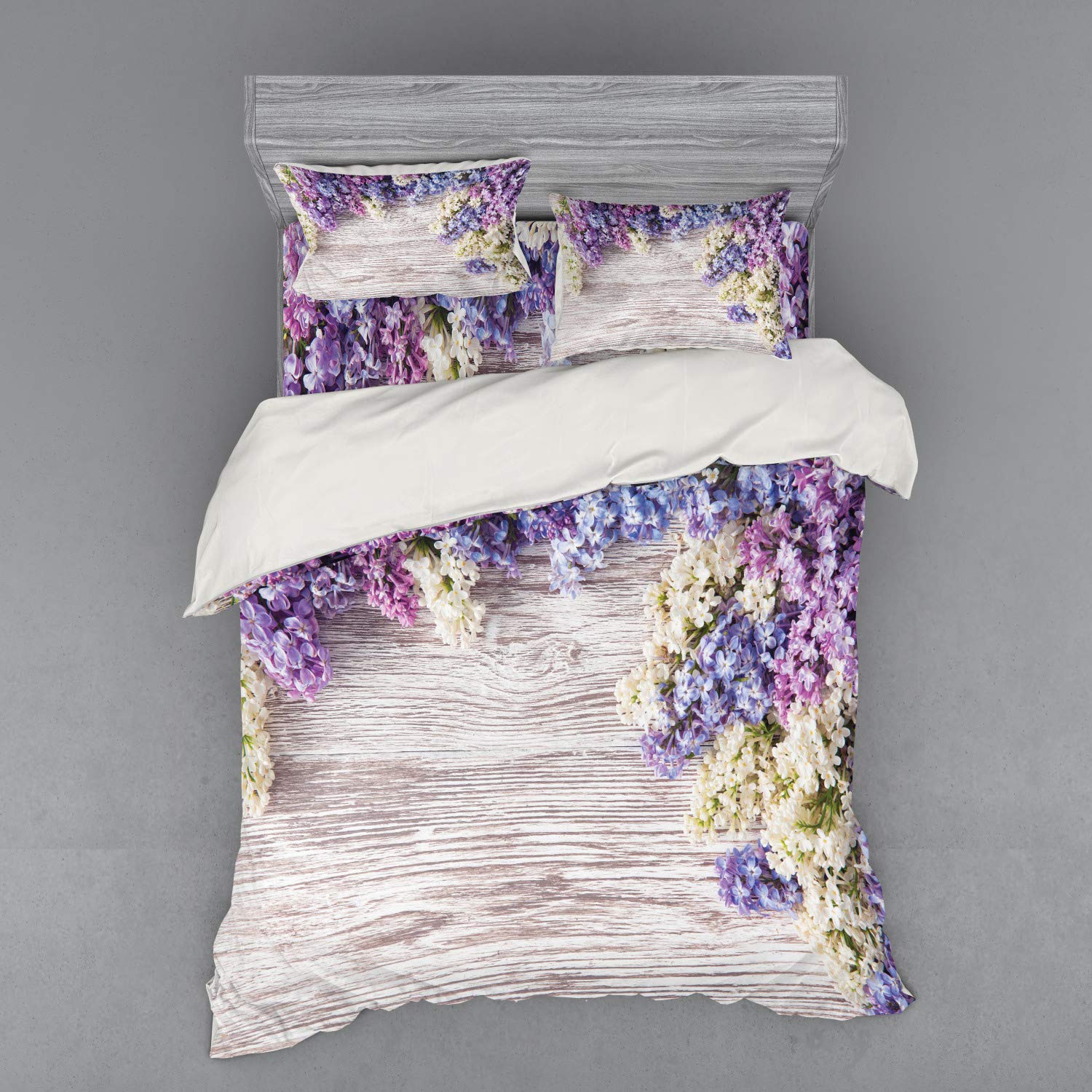 Ambesonne Rustic Floral Bedding Set - Queen Size 4-Piece Duvet Cover with Shams & Fitted Sheet, Lilac Violet Dark Taupe Floral Bouquet on Wood Table Design for Spring Romance Bedroom Decor | Perfect for Master Bedroom, Guest Room & Farmhouse Style Homes
