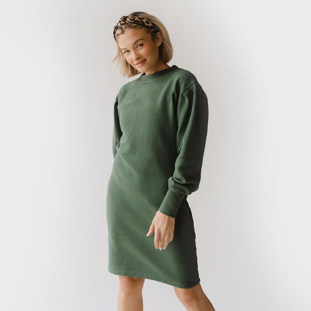 Atlas Ribbed Sweater Dress for Women - Soft Emerald Green Knit Turtleneck Midi Dress - Perfect for Fall Winter, Office Wear & Casual Outings