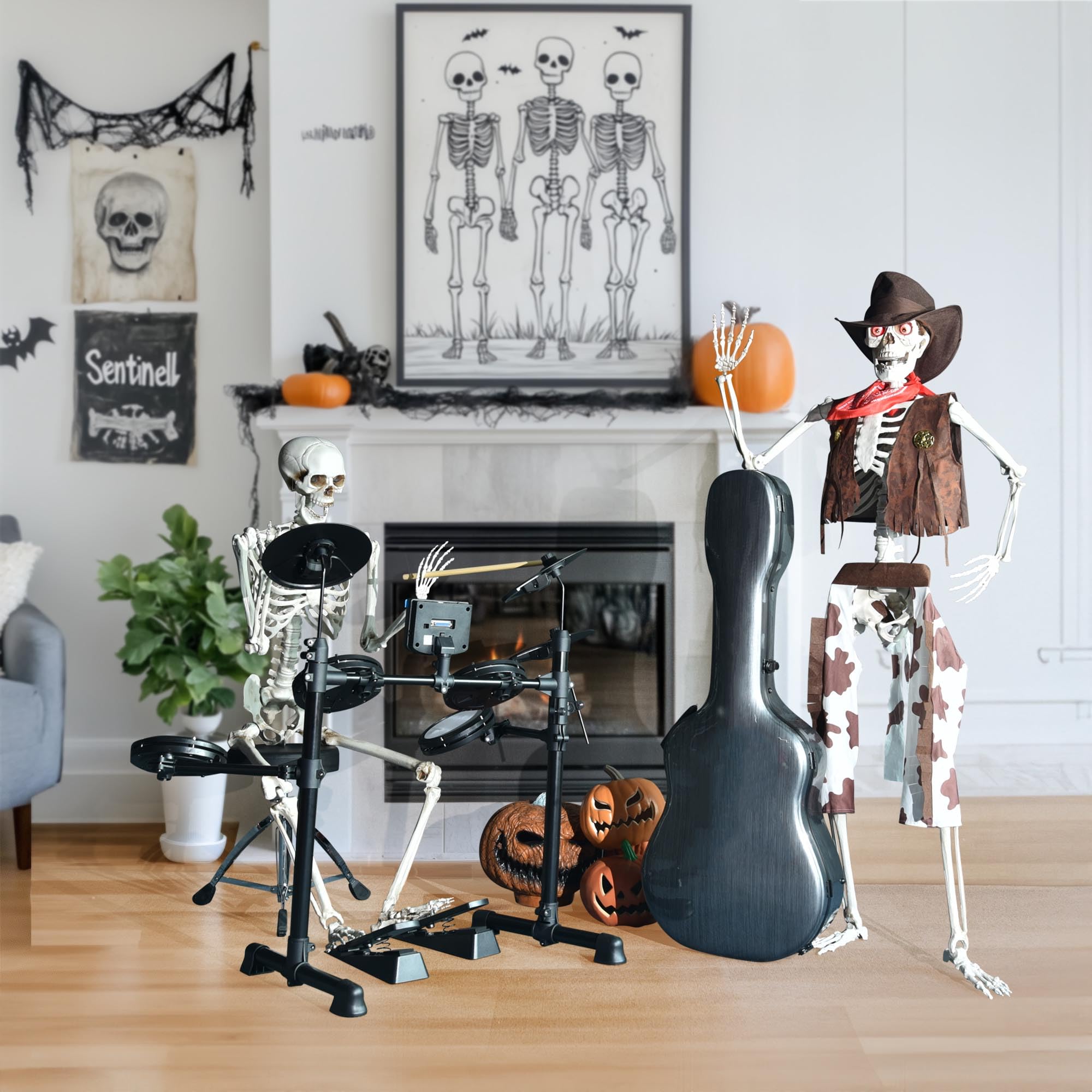 Life-Size Poseable Skeleton - 5.4ft Western Cowboy Halloween Decoration with Glowing Eyes | Haunted House Props, Party Decor, Photo Booth Backdrop (2024 Edition) - Perfect for Halloween Parties, Haunted Attractions, and Spooky Home Decor