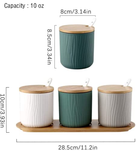 Premium Ceramic Spice Jars with Wooden Lids & Spoons - 10oz Spice Storage Containers Set of 3 for Kitchen Organization - Perfect for Storing Spices, Herbs, Coffee, Tea, Sugar & Seasonings - Ideal for Home Cooking, Baking & Coffee Bars