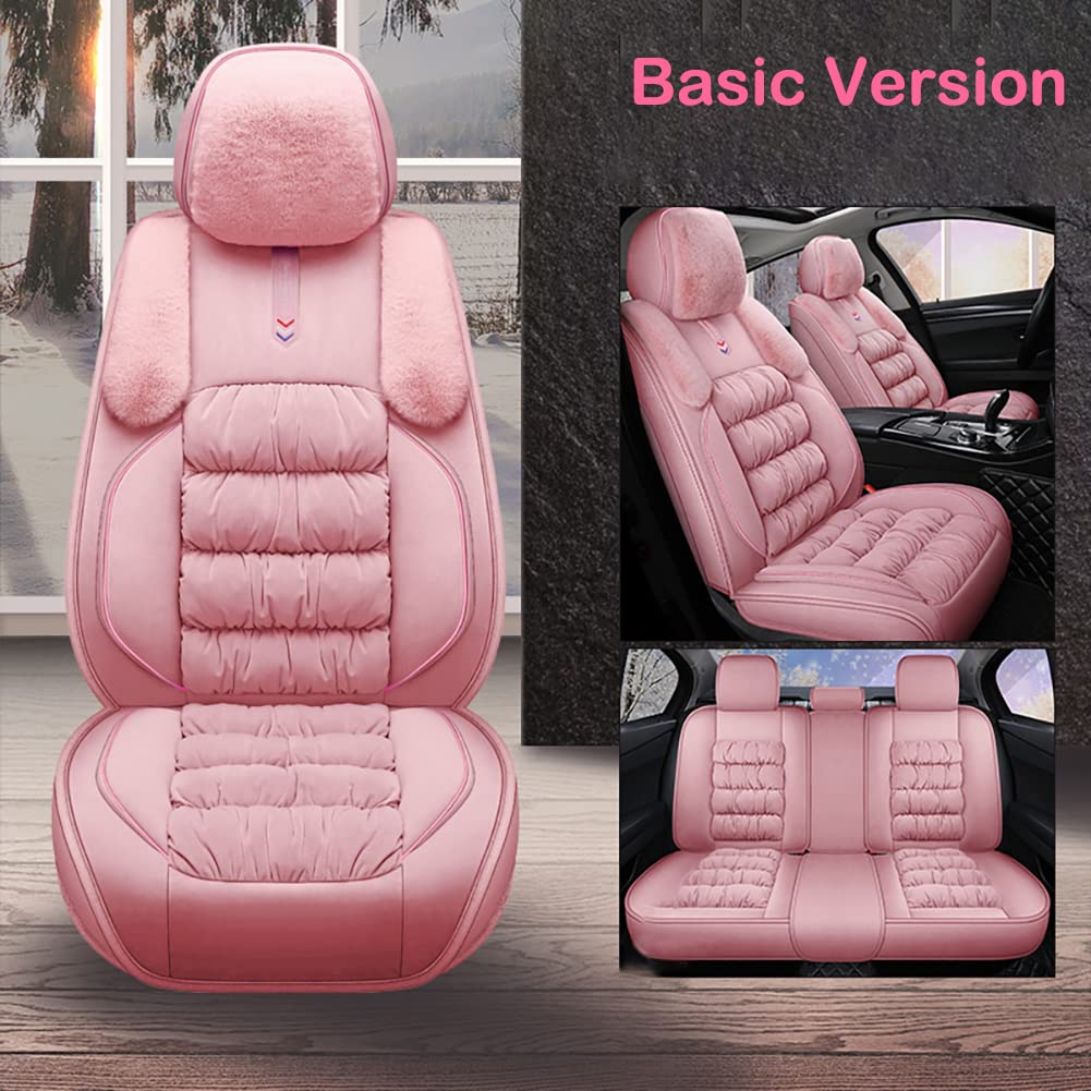 Soft Fuzzy Velvet Pink Car Seat Covers Full Set - Front & Rear Winter Car Seat Protectors for Women | Universal Fit for Most Vehicles | Perfect for Cold Weather & Stylish Interior Upgrade
