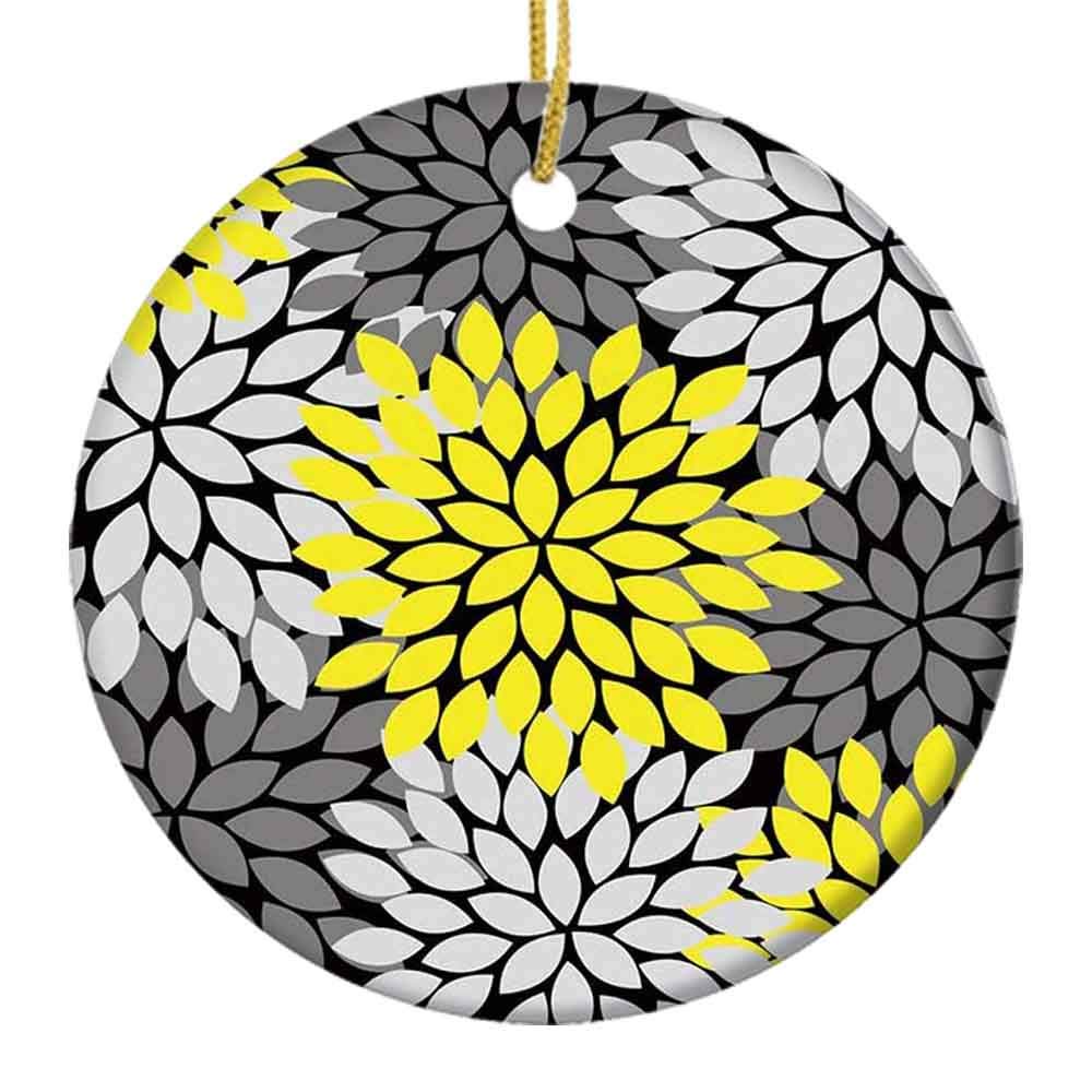 Multicolor Dahlia Pinnata Flower Yellow Grey Ceramic Christmas Ornaments - 2.85 Inch Handmade Holiday Tree Decorations for Xmas, Home, Party & Gift Giving