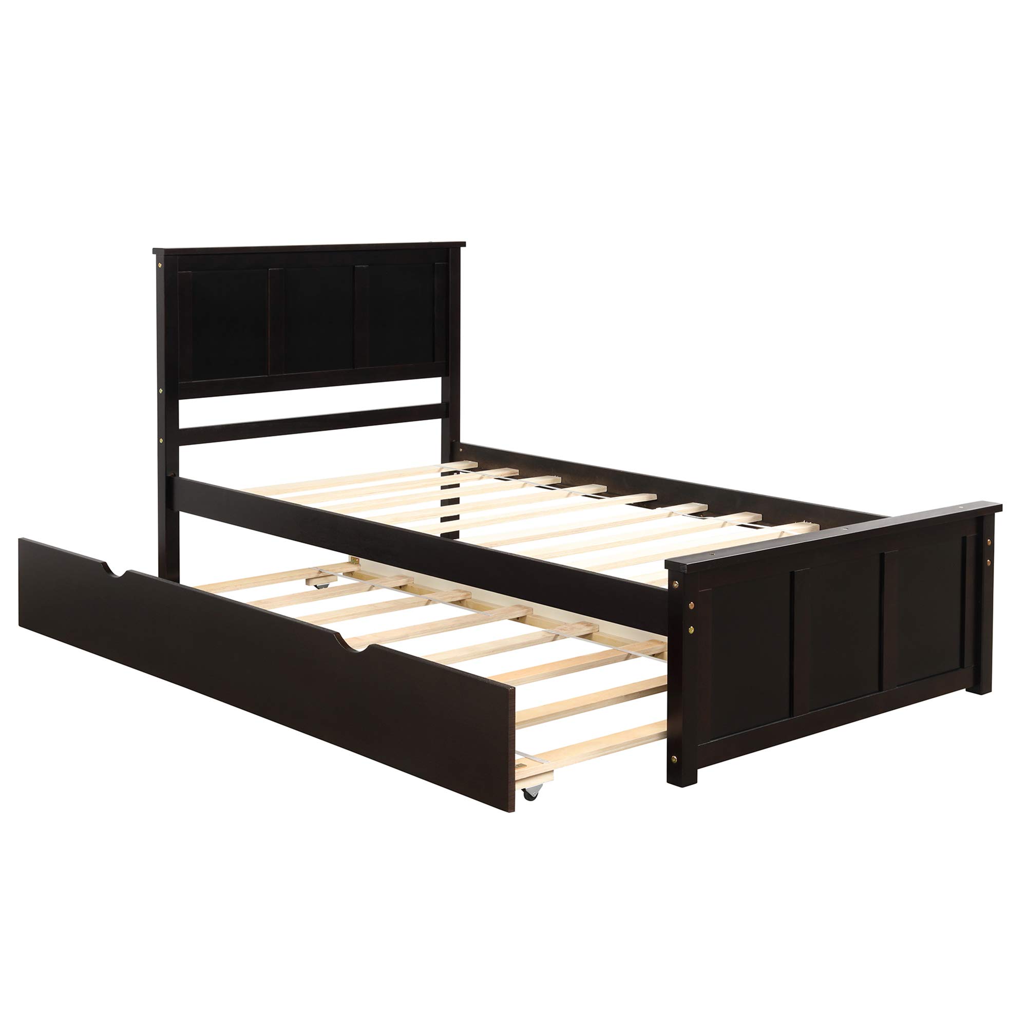 P PURLOVE Twin Size Wooden Platform Bed Frame with Headboard & Trundle Bed - Espresso Storage Bed for Kids, Teens & Guest Rooms | Space-Saving Bedroom Solution