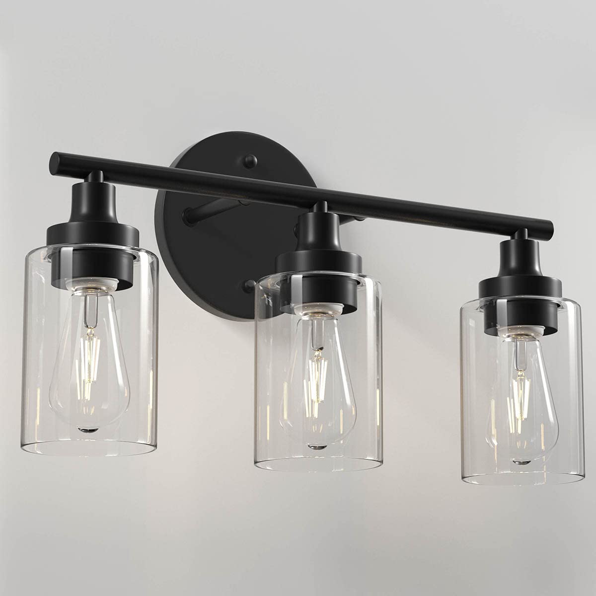 VONLUCE 3-Light Black Modern Bathroom Vanity Light Fixture - Wall Sconce with Clear Glass Shades for Mirror, Cabinet & Sink - Perfect for Bedroom, Living Room & Bathroom Lighting Decor