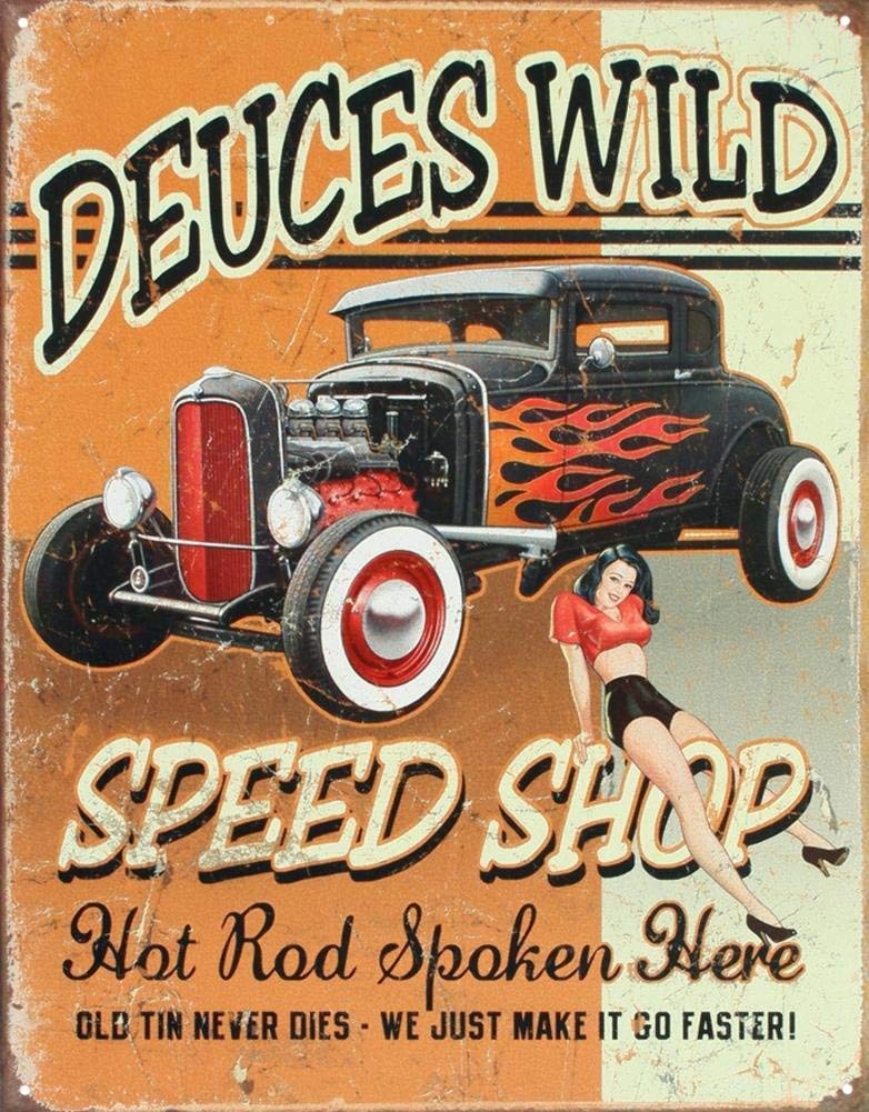 Vintage Deuces Wild Speed Shop Hot Rod Tin Sign - 8x12 Inch Distressed Metal Wall Art for Home, Coffee Shop, Garage & Man Cave Decor - Retro Bar & Diner Style Sign
