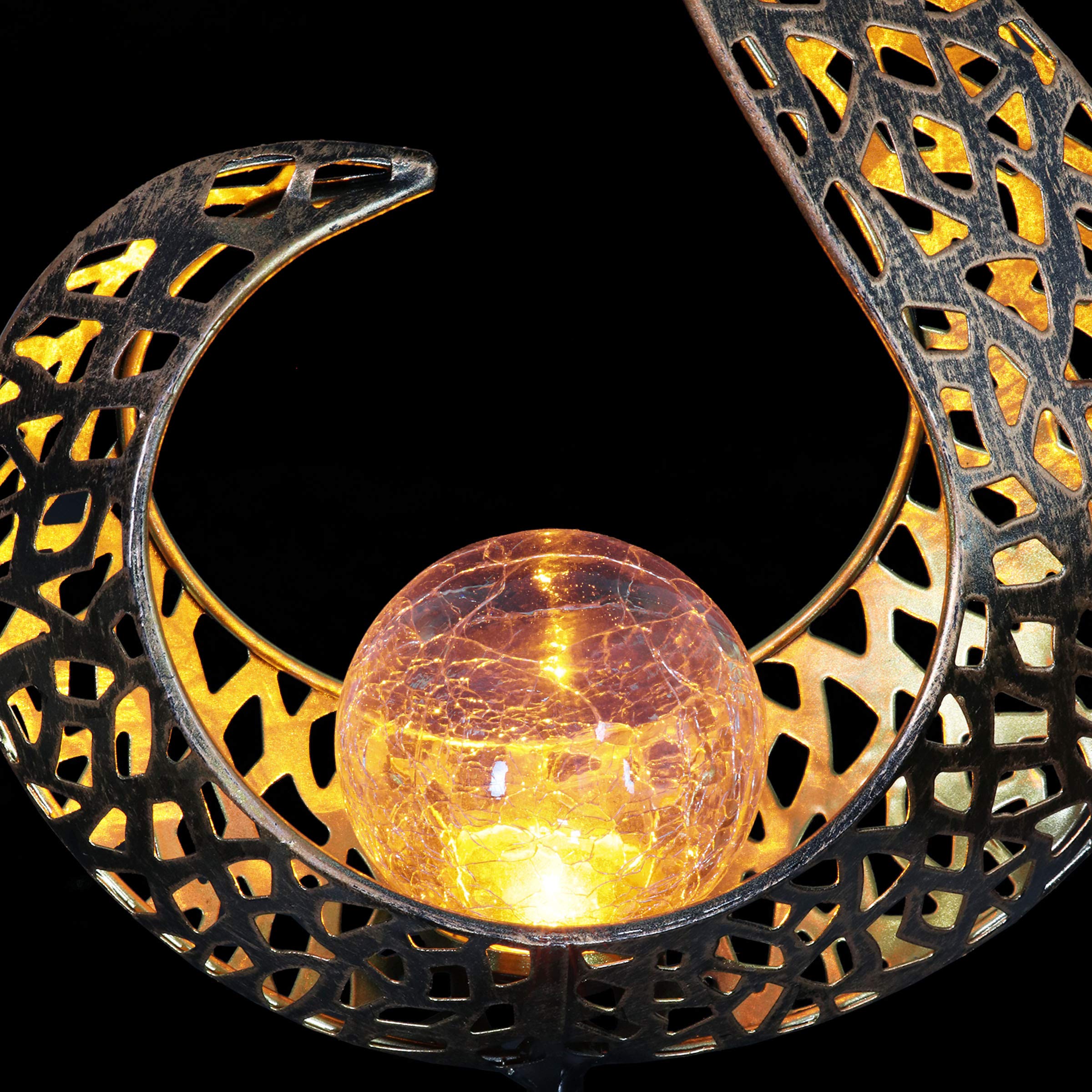 Exhart Solar Garden Lights - Half Flame Metal Filigree Torch Stake with Flickering LED Crackle Glass Ball - Outdoor Solar Decor (6.5 x 3 x 35.5 Inch) for Patio, Yard, Pathway & Landscape Lighting
