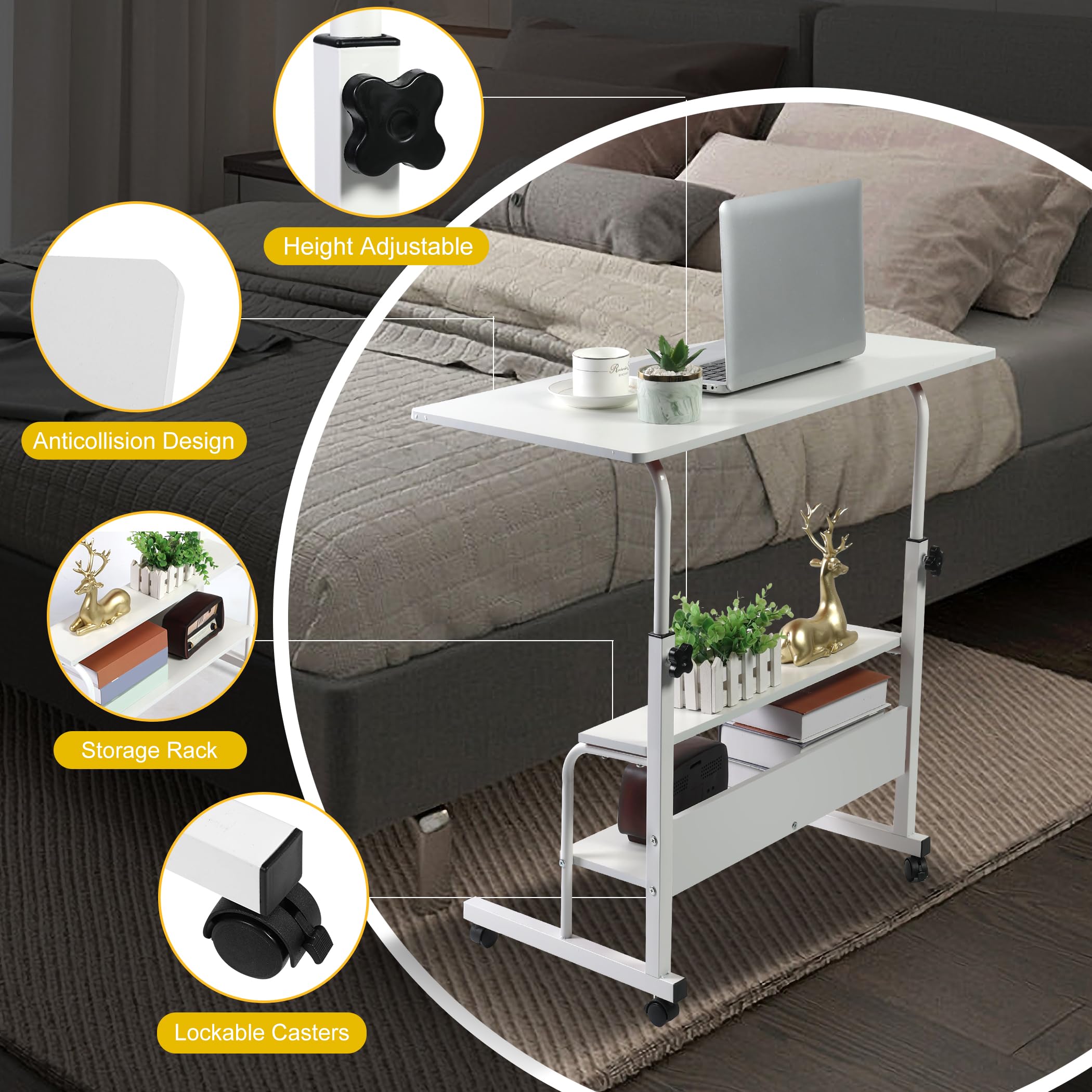 Adjustable Height Laptop Desk - 31.5x15.7 Inch Portable Standing Computer Table with Storage for Home Office, Bedroom & Small Spaces | Perfect for Working, Studying, Gaming & Sofa Use (White, Minimalist Design)